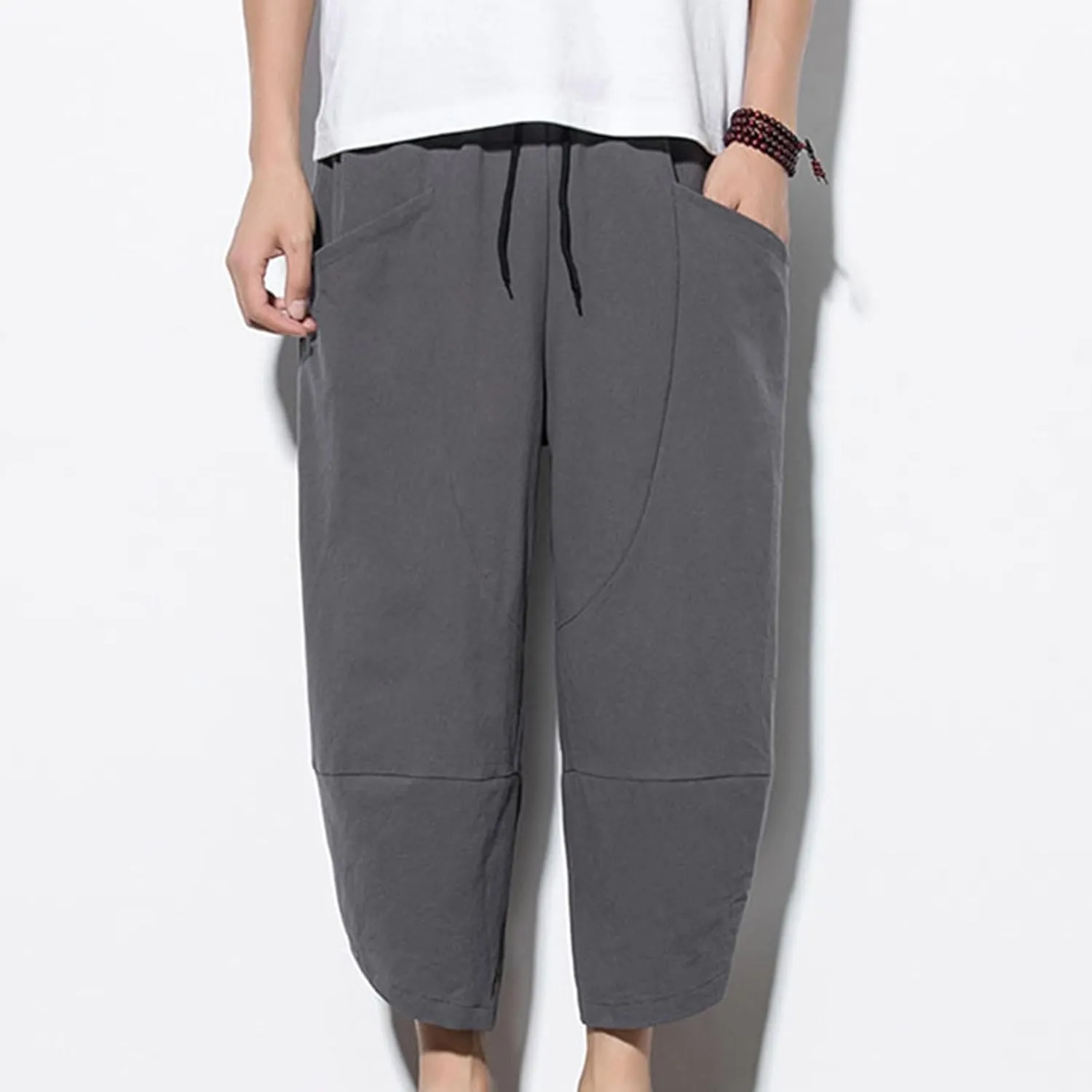 Men's Linen Pants Casual Pants Drawstring Beach Pants Relaxed-Fit Yoga Pants Soft Elastic Waist Pants