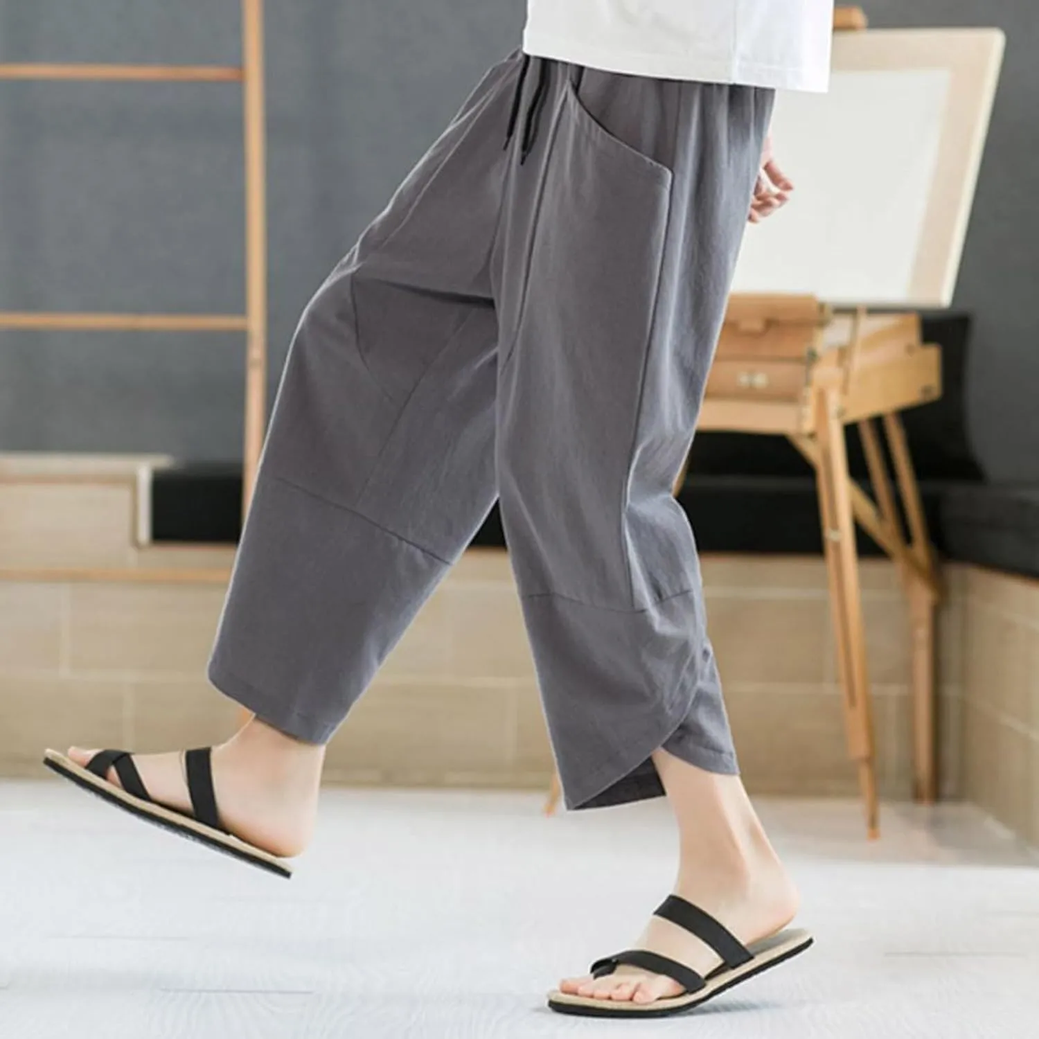 Men's Linen Pants Casual Pants Drawstring Beach Pants Relaxed-Fit Yoga Pants Soft Elastic Waist Pants