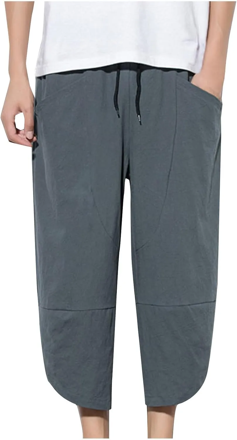 Men's Linen Pants Casual Pants Drawstring Beach Pants Relaxed-Fit Yoga Pants Soft Elastic Waist Pants