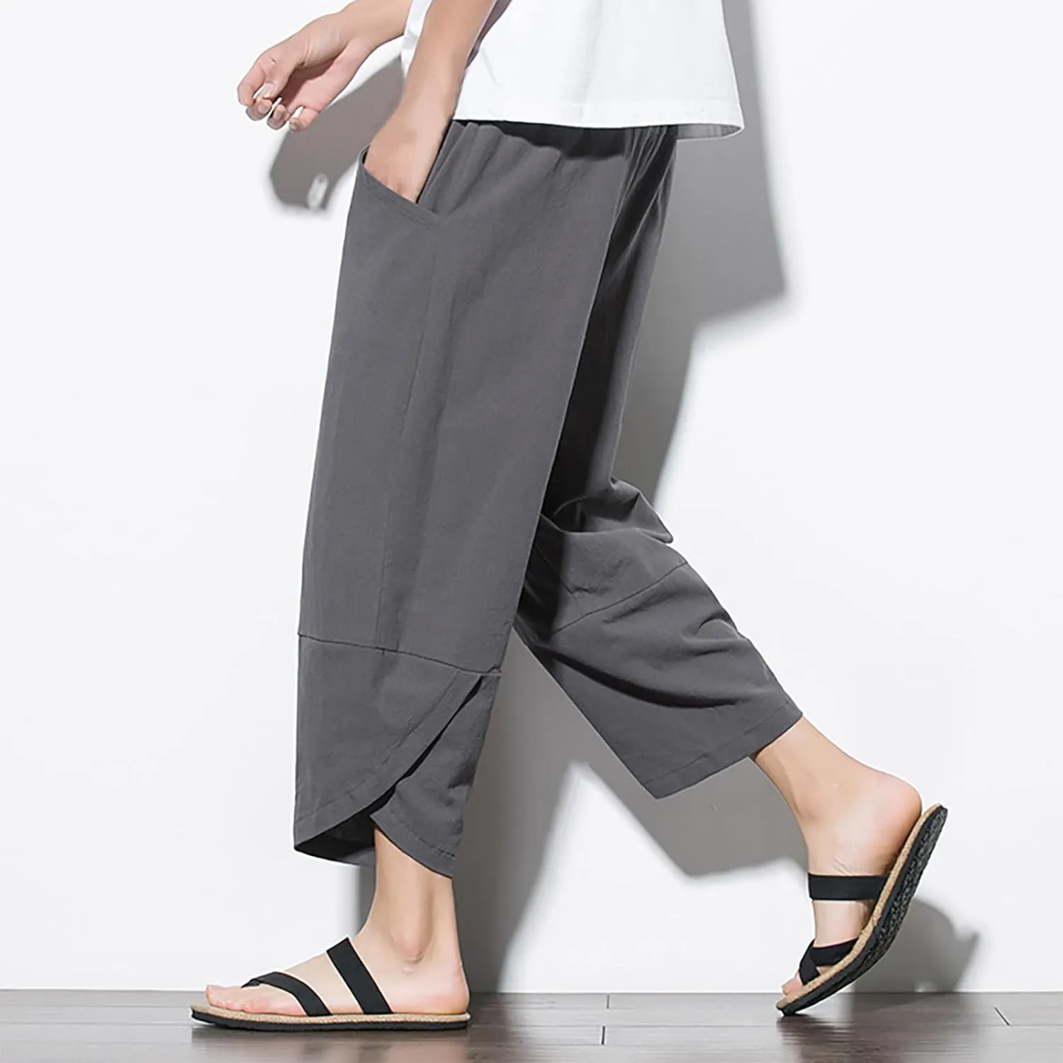 Men's Linen Pants Casual Pants Drawstring Beach Pants Relaxed-Fit Yoga Pants Soft Elastic Waist Pants
