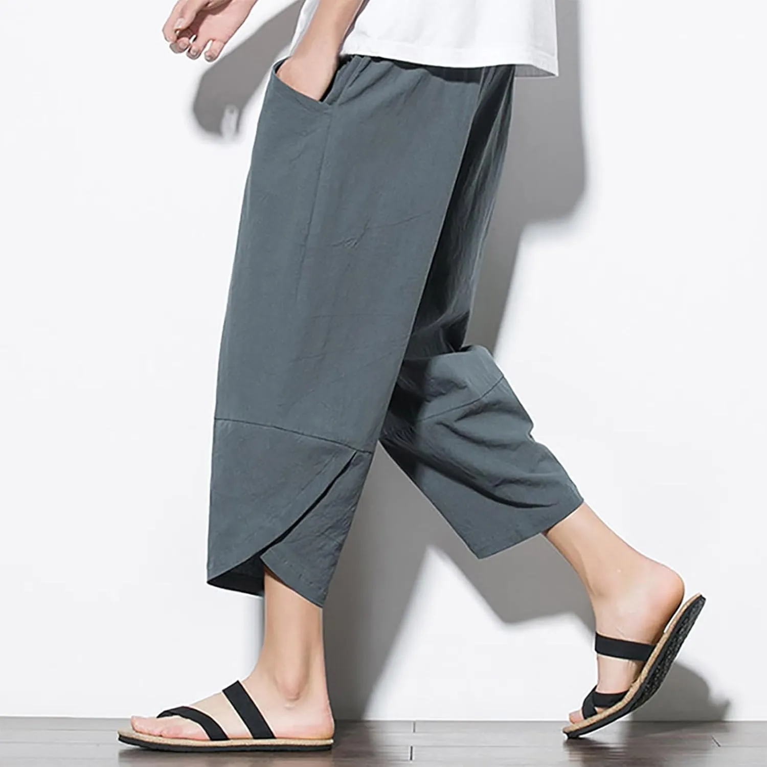 Men's Linen Pants Casual Pants Drawstring Beach Pants Relaxed-Fit Yoga Pants Soft Elastic Waist Pants