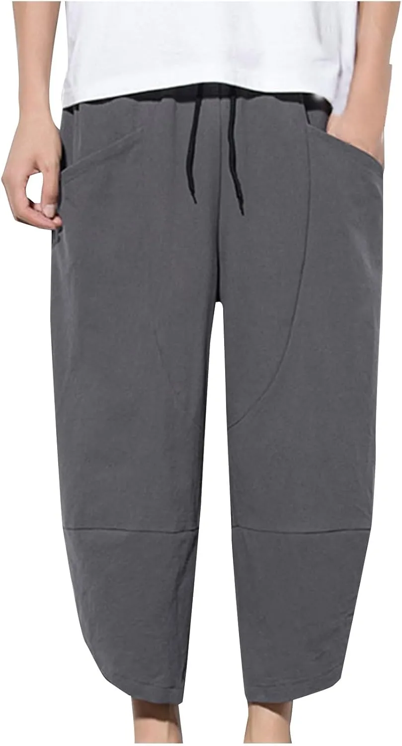 Men's Linen Pants Casual Pants Drawstring Beach Pants Relaxed-Fit Yoga Pants Soft Elastic Waist Pants