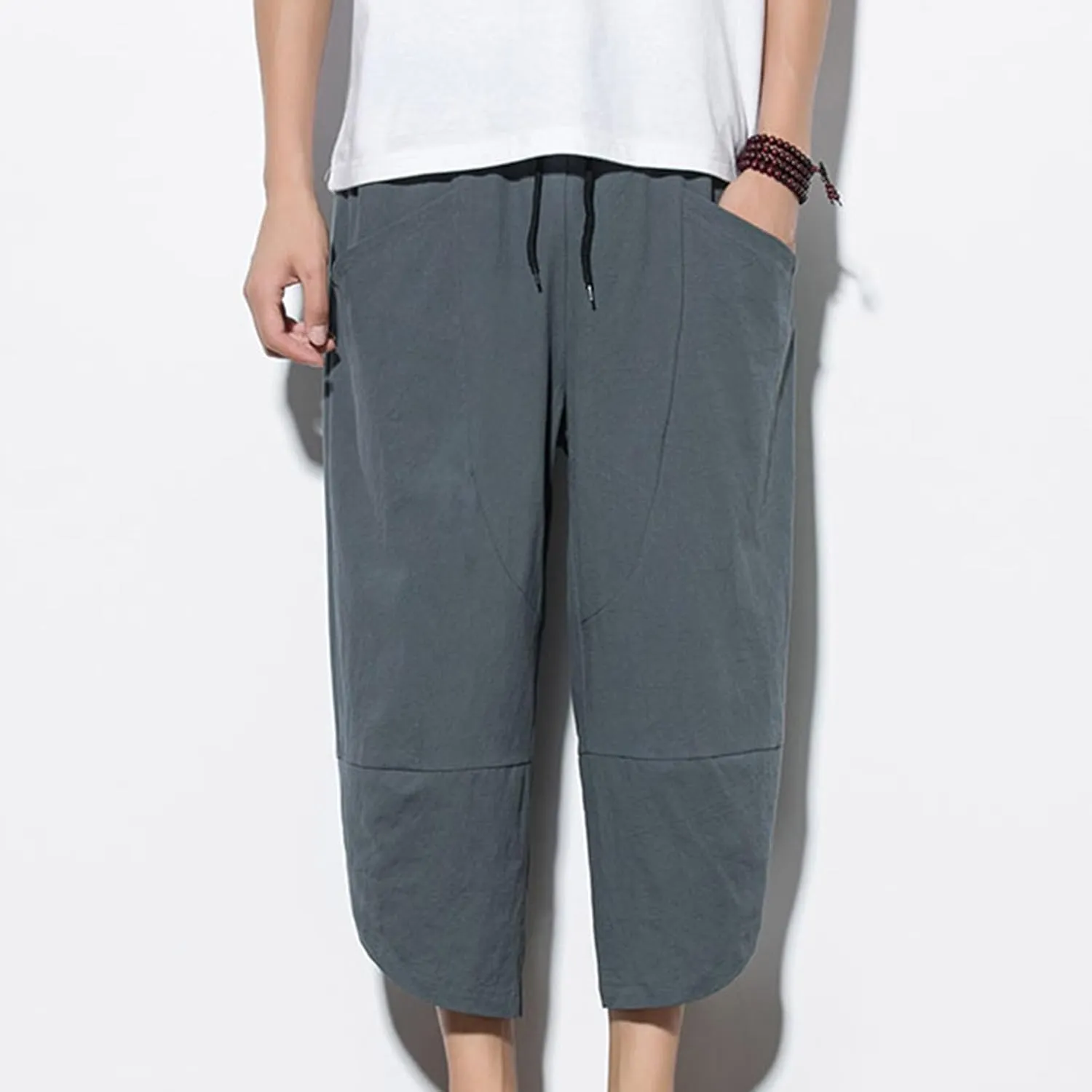 Men's Linen Pants Casual Pants Drawstring Beach Pants Relaxed-Fit Yoga Pants Soft Elastic Waist Pants