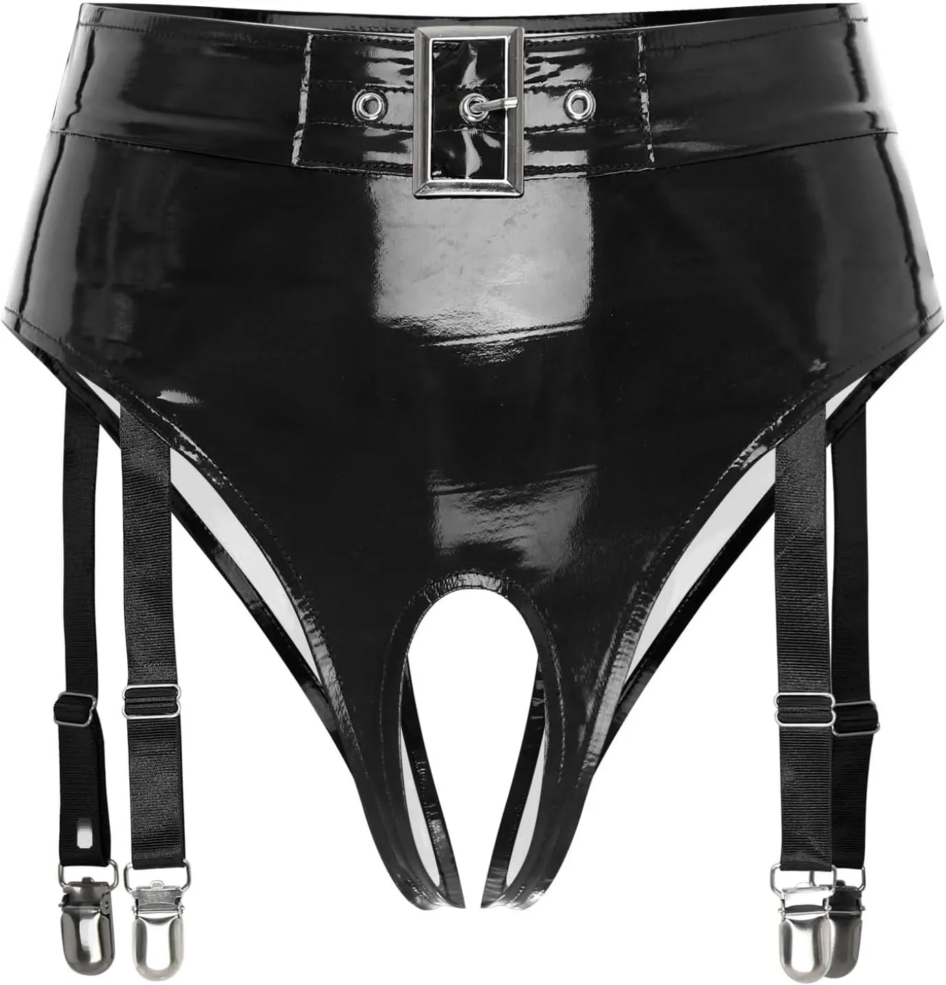 Men's Opening Crotch Underwear Faux Leather Thong Briefs Latex Knickers with Garter Clips