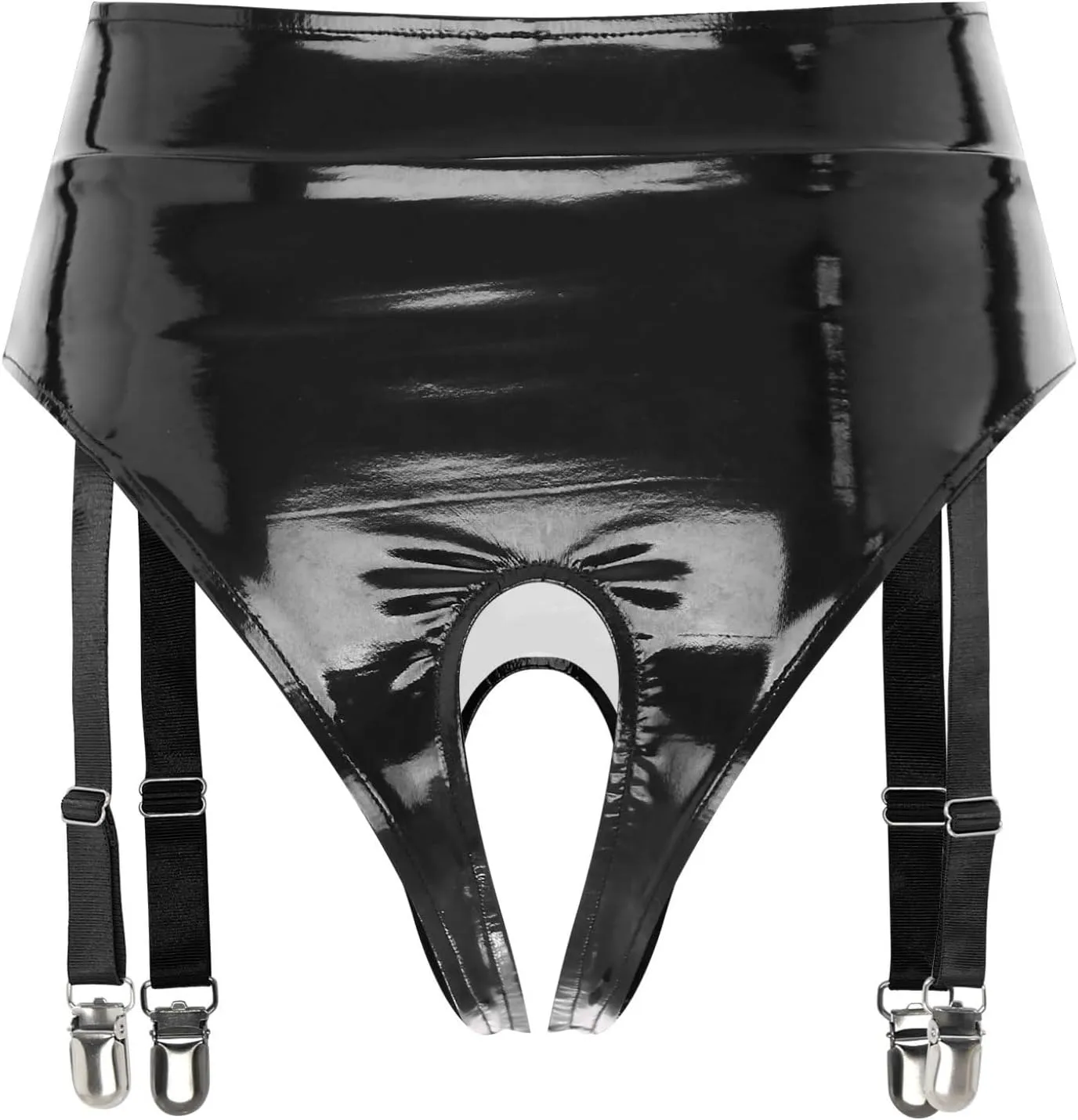 Men's Opening Crotch Underwear Faux Leather Thong Briefs Latex Knickers with Garter Clips