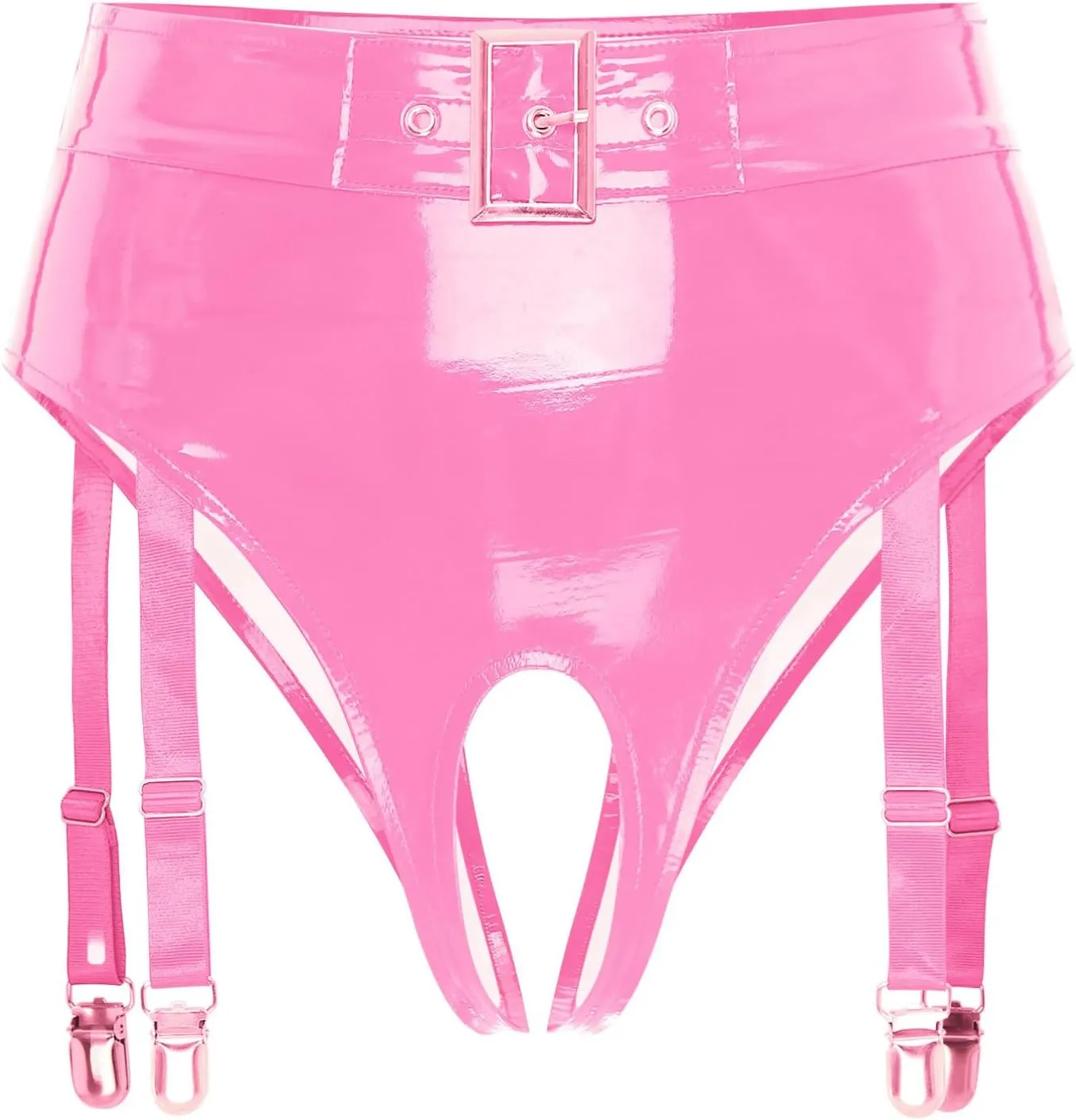 Mens Patent Leather Briefs Opening Crotch Thong Sissy Lingerie Clubwear with Garter Clips