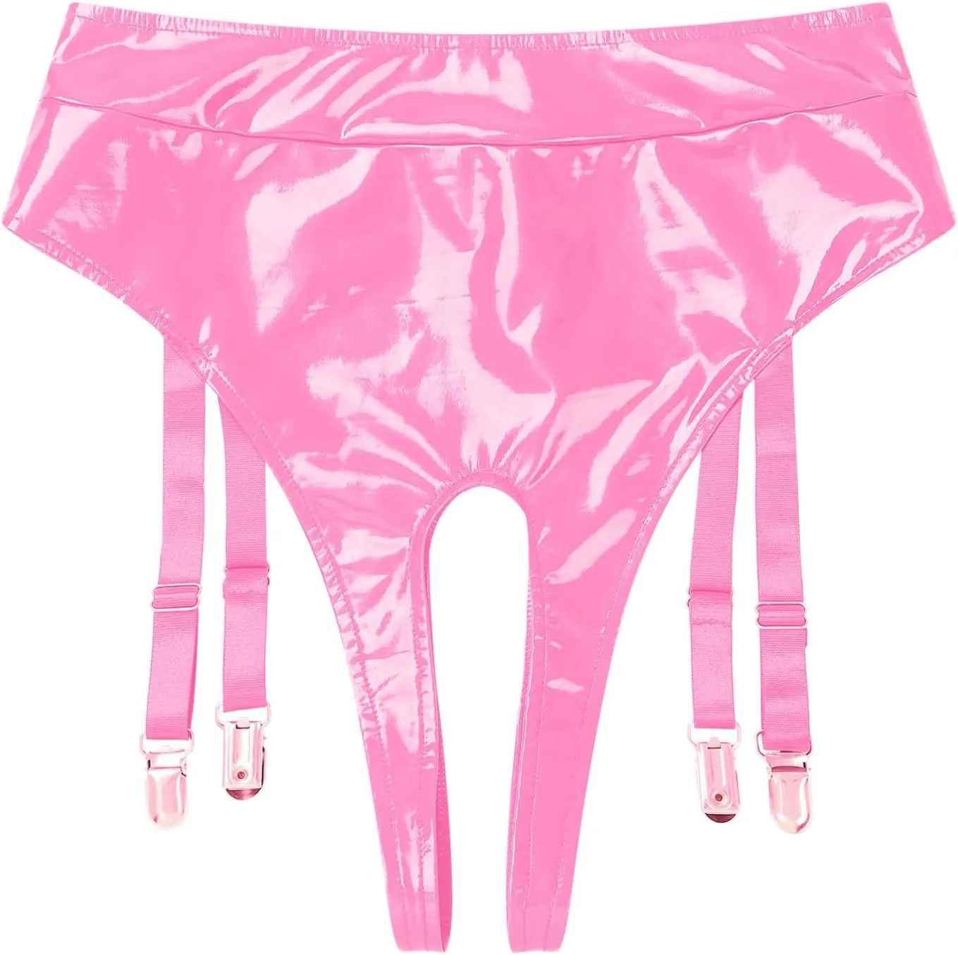 Mens Patent Leather Briefs Opening Crotch Thong Sissy Lingerie Clubwear with Garter Clips