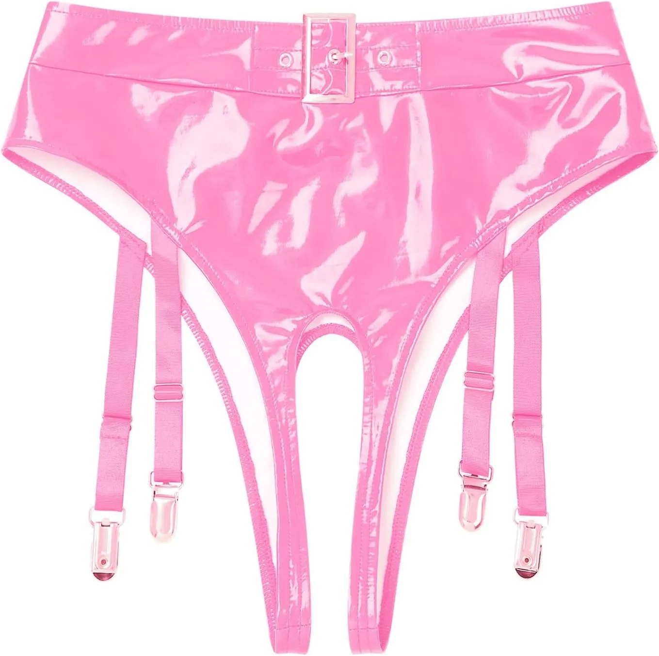 Mens Patent Leather Briefs Opening Crotch Thong Sissy Lingerie Clubwear with Garter Clips