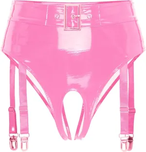 Mens Patent Leather Briefs Opening Crotch Thong Sissy Lingerie Clubwear with Garter Clips