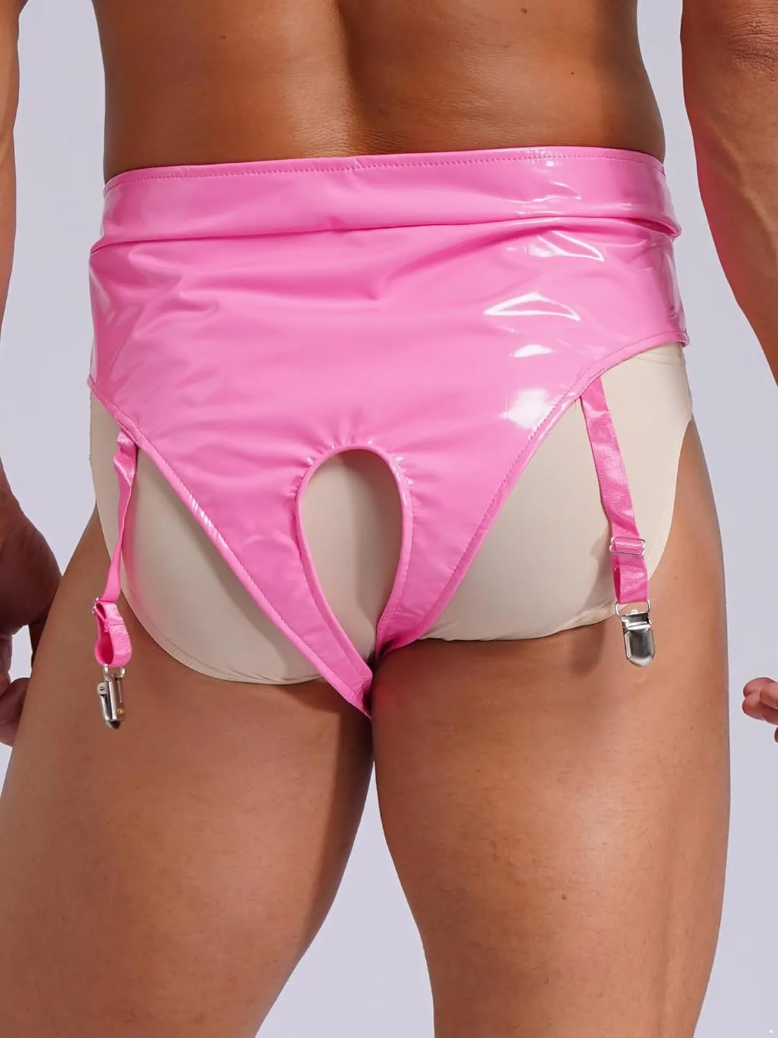 Mens Patent Leather Briefs Opening Crotch Thong Sissy Lingerie Clubwear with Garter Clips