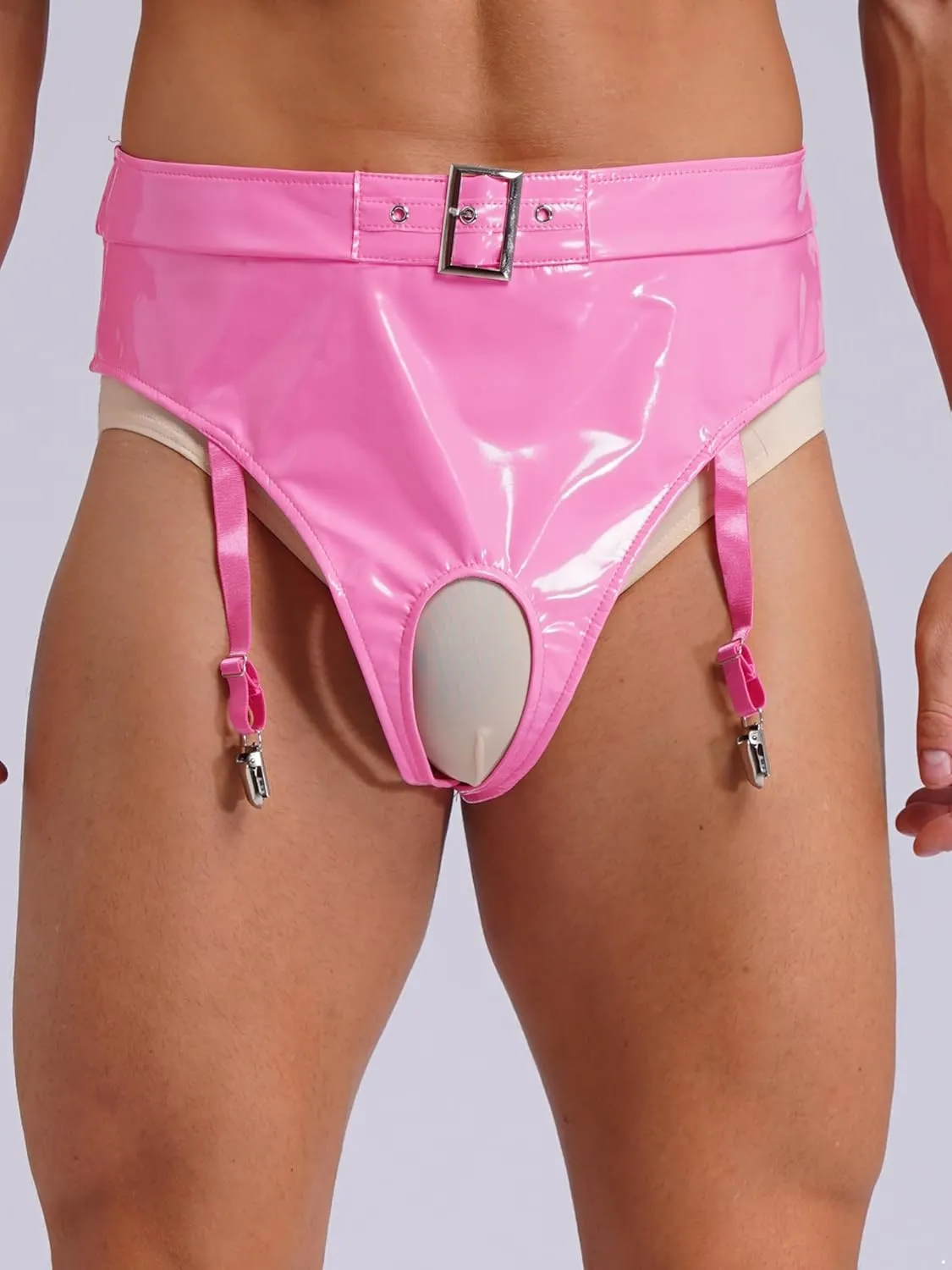 Mens Patent Leather Briefs Opening Crotch Thong Sissy Lingerie Clubwear with Garter Clips