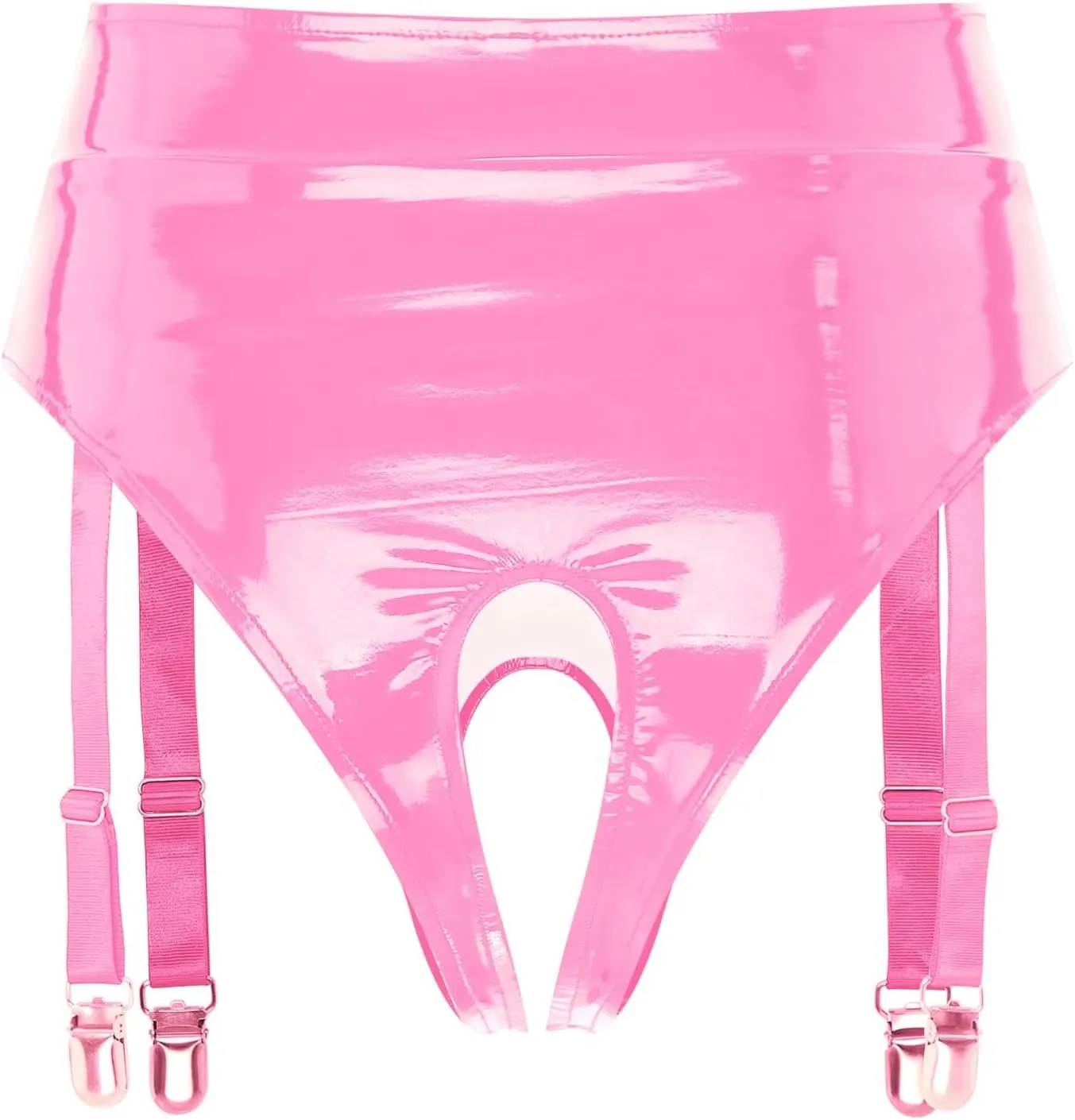 Mens Patent Leather Briefs Opening Crotch Thong Sissy Lingerie Clubwear with Garter Clips