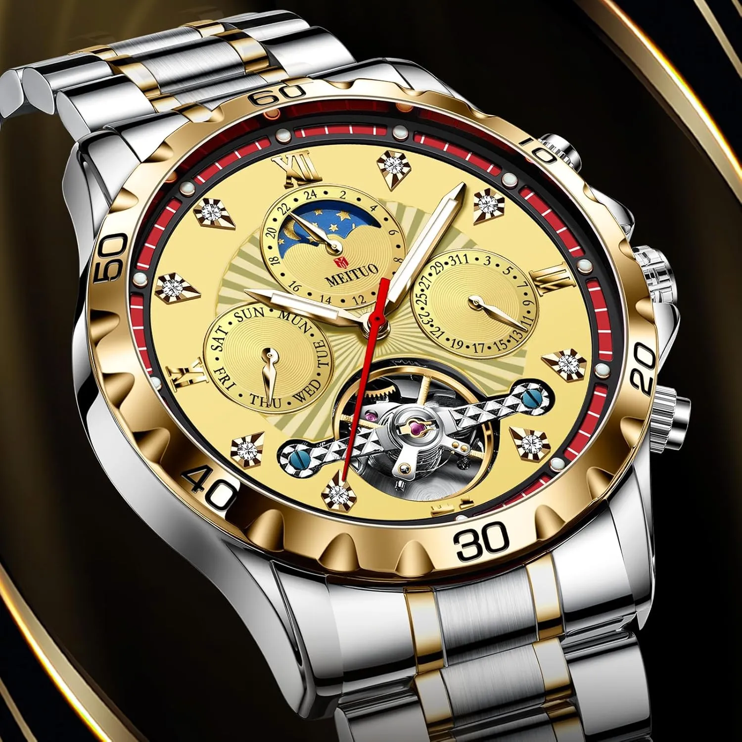 Men's Skeleton Mechanical Watches for Men, Luxury Mens Automatic Watches Blue Dial Luminous Waterproof Stainless Steel Wrist Watch for Men