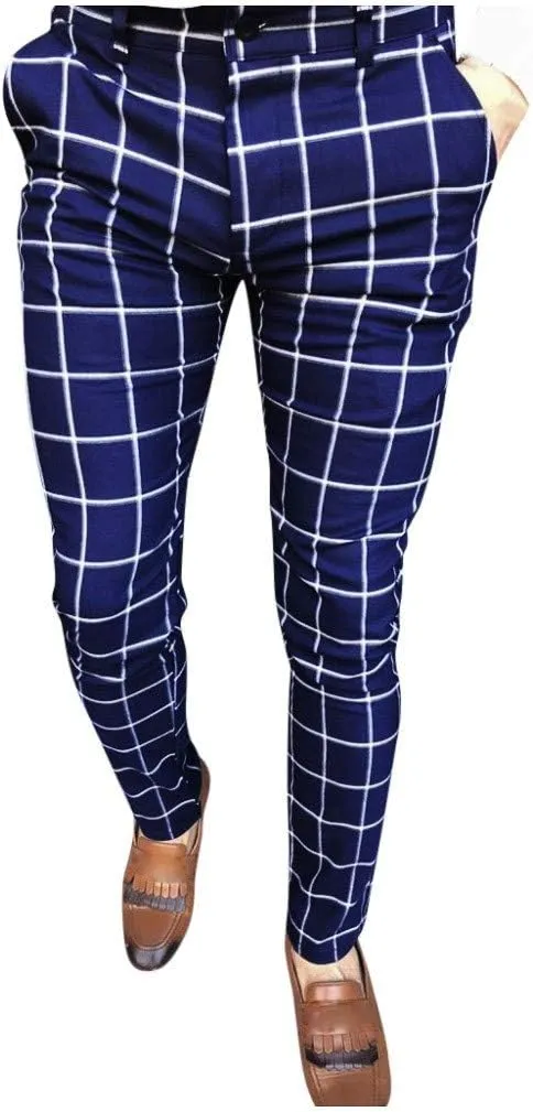 Men's Stretch Dress Pants Classic Plaid Slim Fit Skinny Chinos Pants Business Casual Pants Big and Tall Dressy Trousers Navy