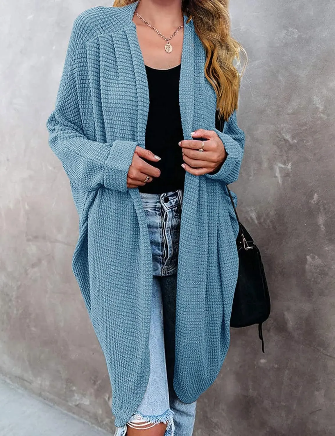 MEROKEETY Women's 2025 Fall Waffle Knit Batwing Long Sleeve Cardigan Loose Open Front Sweater Coat