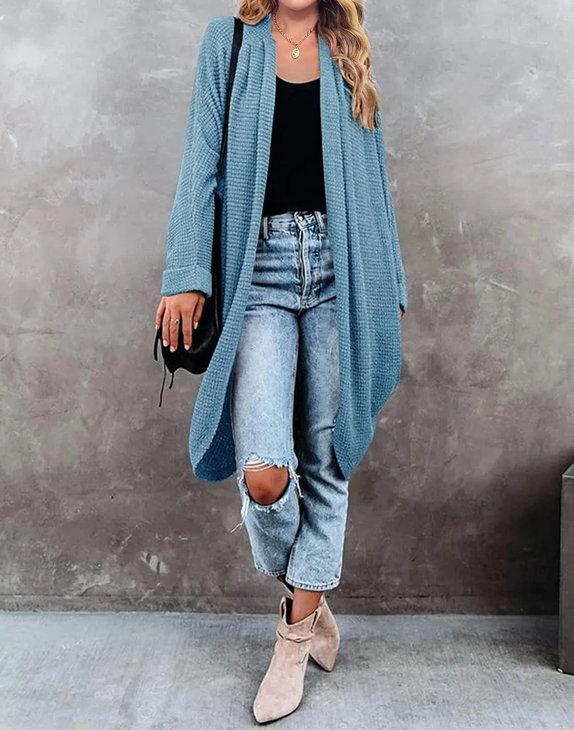 MEROKEETY Women's 2025 Fall Waffle Knit Batwing Long Sleeve Cardigan Loose Open Front Sweater Coat