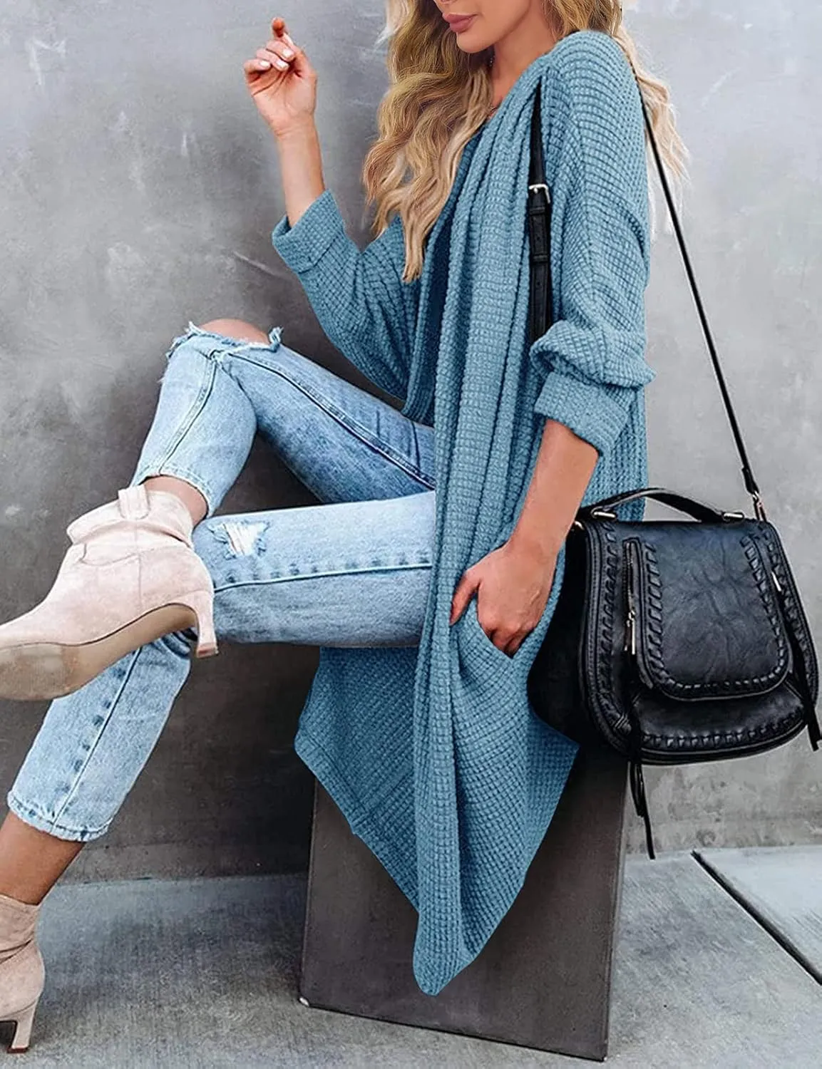 MEROKEETY Women's 2025 Fall Waffle Knit Batwing Long Sleeve Cardigan Loose Open Front Sweater Coat