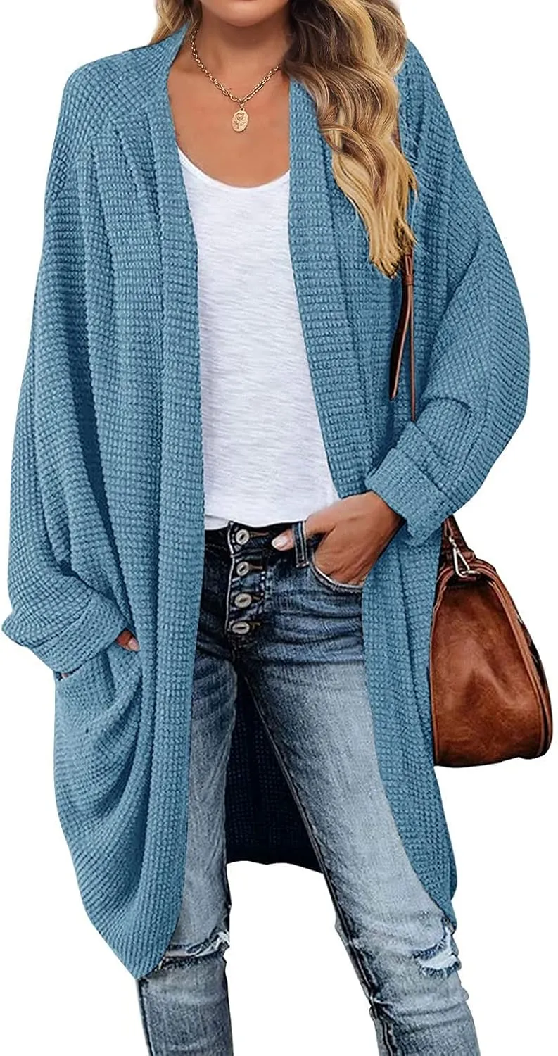 MEROKEETY Women's 2025 Fall Waffle Knit Batwing Long Sleeve Cardigan Loose Open Front Sweater Coat