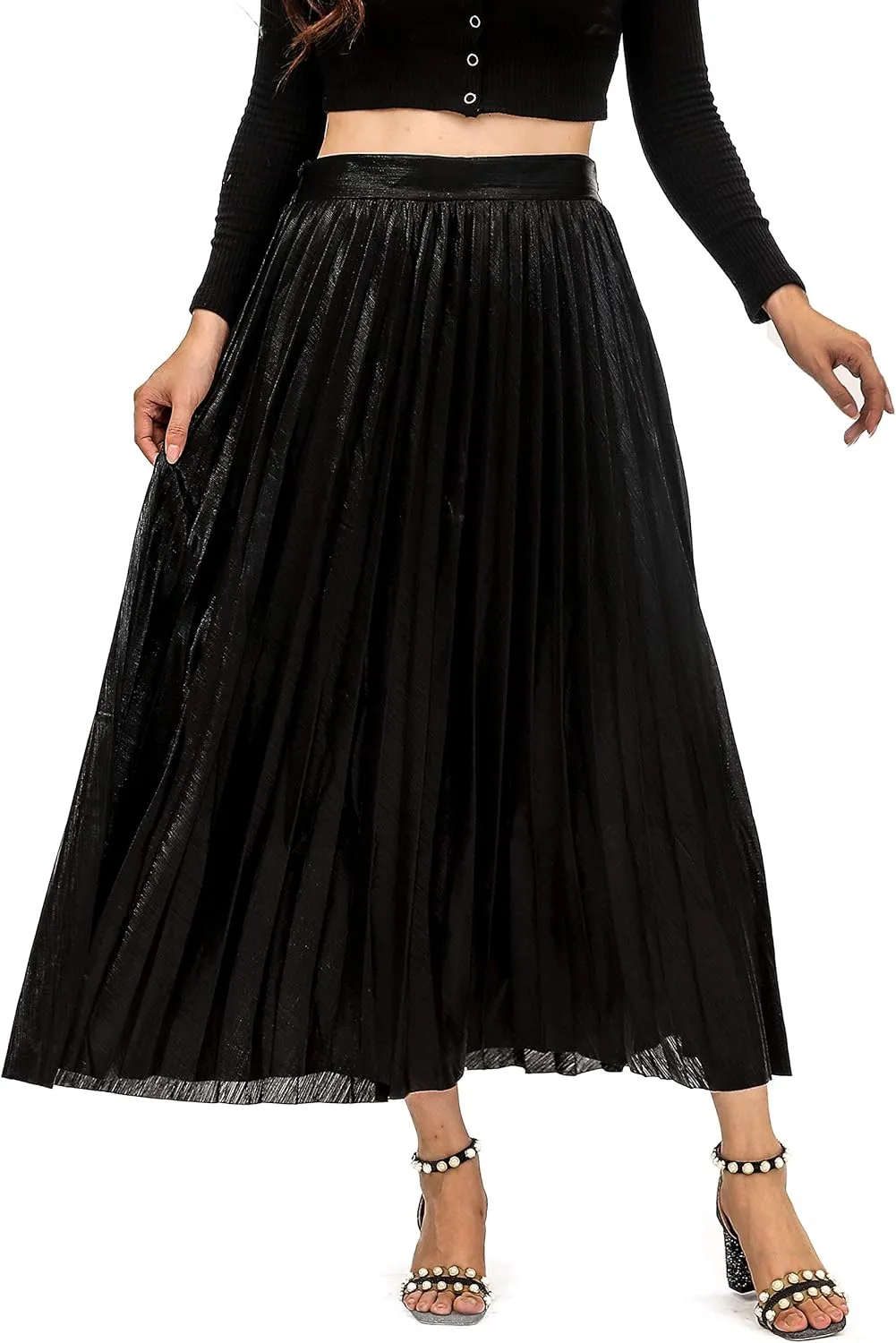 Metallic Pleated Skirts for Women High Waist Shiny Sequin A-Line Long Midi Skirts Plus Size