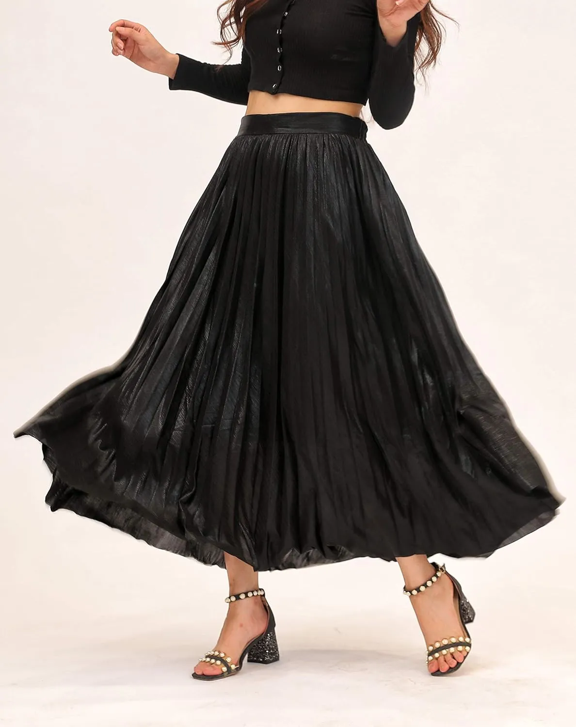 Metallic Pleated Skirts for Women High Waist Shiny Sequin A-Line Long Midi Skirts Plus Size
