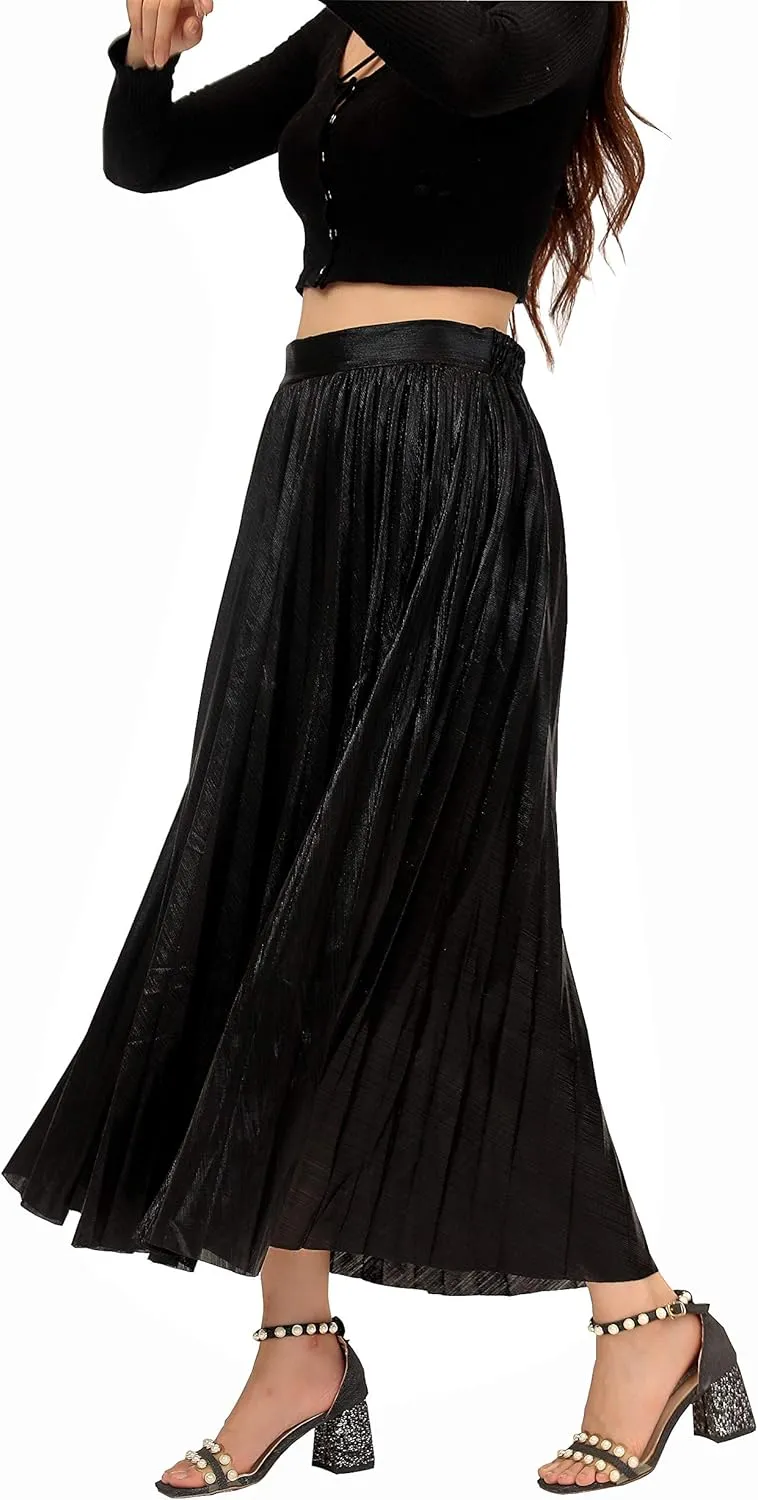 Metallic Pleated Skirts for Women High Waist Shiny Sequin A-Line Long Midi Skirts Plus Size