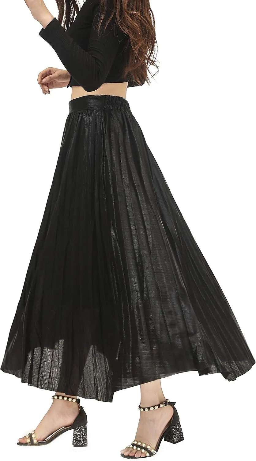 Metallic Pleated Skirts for Women High Waist Shiny Sequin A-Line Long Midi Skirts Plus Size
