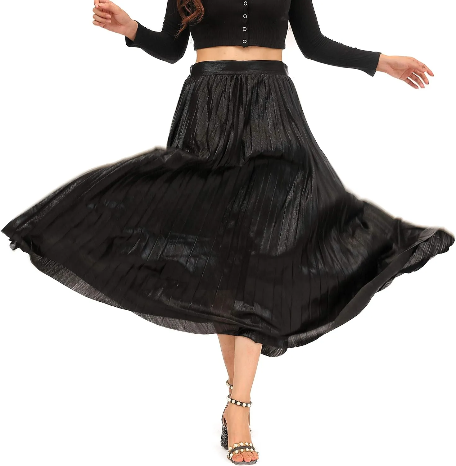 Metallic Pleated Skirts for Women High Waist Shiny Sequin A-Line Long Midi Skirts Plus Size