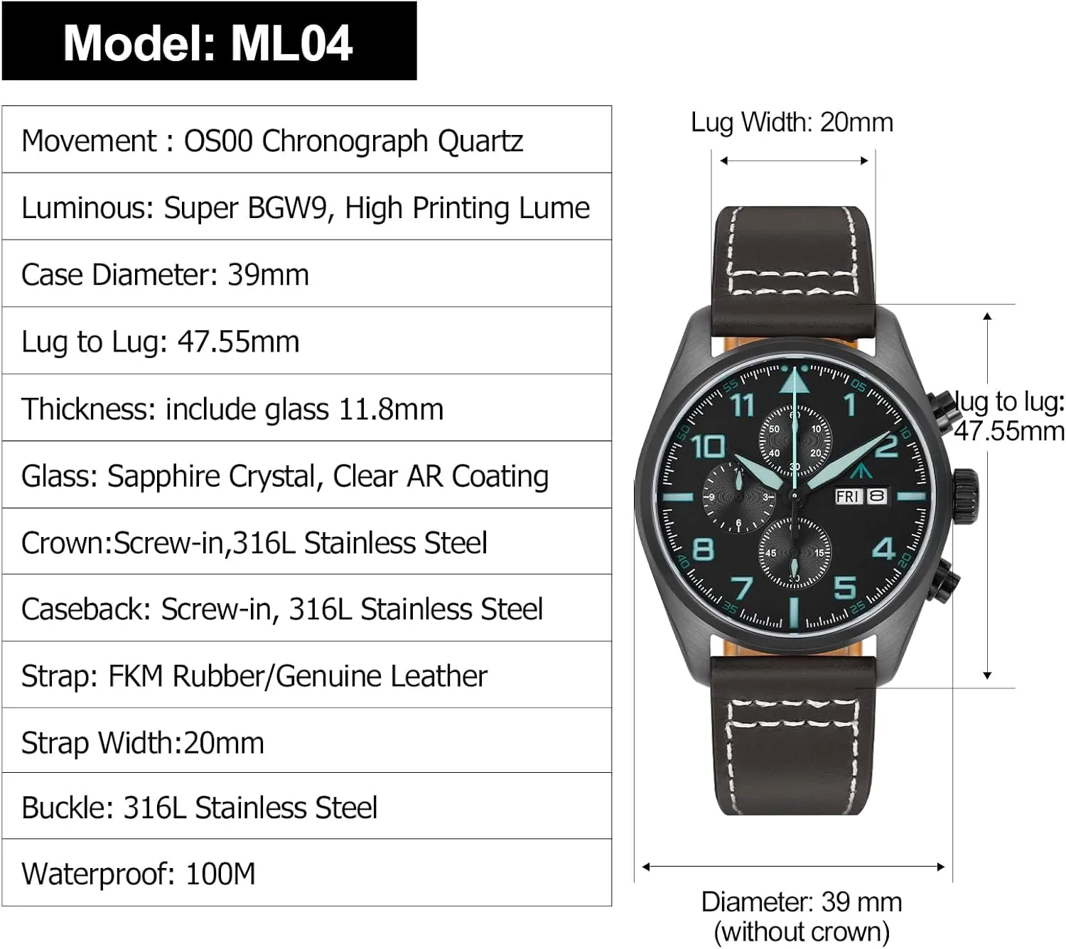 Militado ML04 39mm Chronograph Quartz Mens Watches 0S00 Movement Sapphire Crystal Luminous Watch, 100M Waterproof
