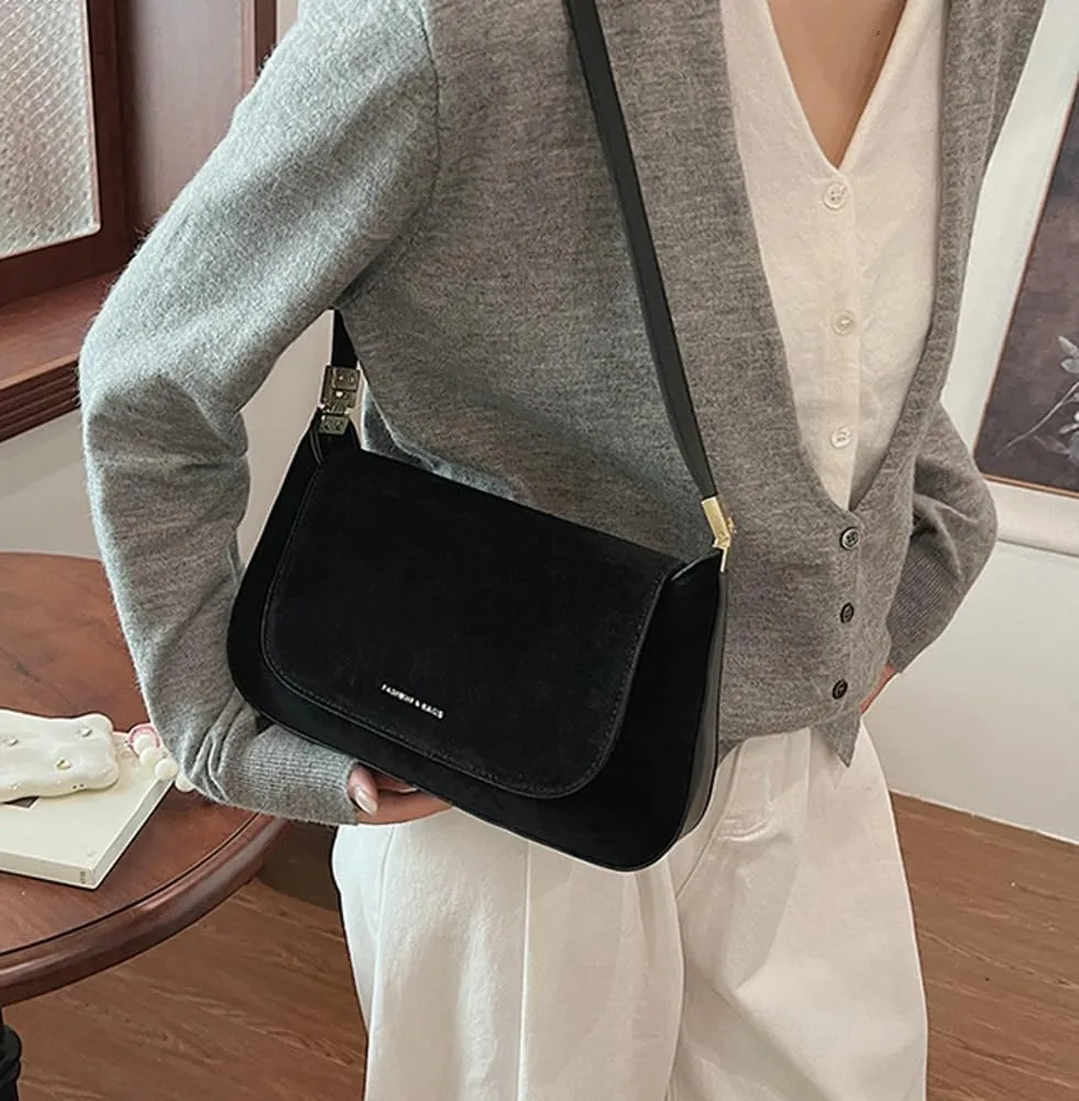 Mini Suede Shoulder Bag for Women Vintage Flap Satchel Purse Luxury Suede Crossbody Bag Causal Office College Handbag 2024