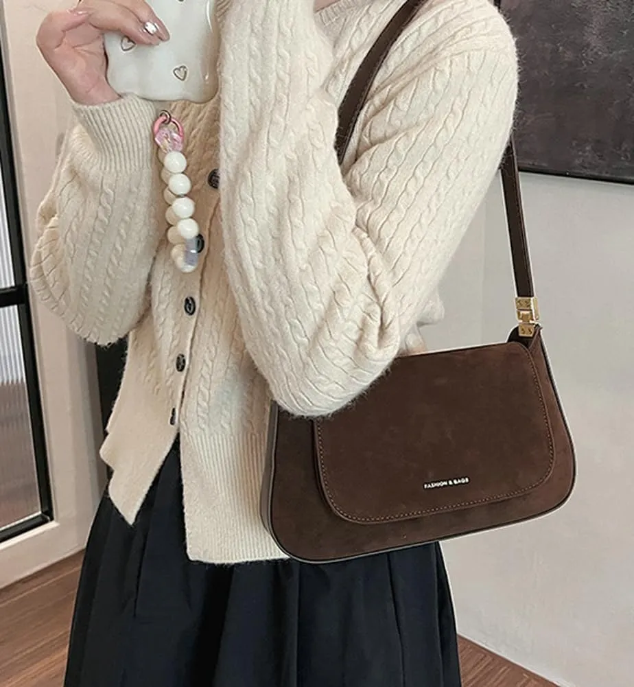 Mini Suede Shoulder Bag for Women Vintage Flap Satchel Purse Luxury Suede Crossbody Bag Causal Office College Handbag 2024