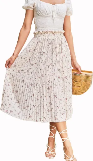 Naggoo Women's Skirts High Elastic Waisted Casual Skirt Pleated Floral/Solid Midi Skirts with Pockets