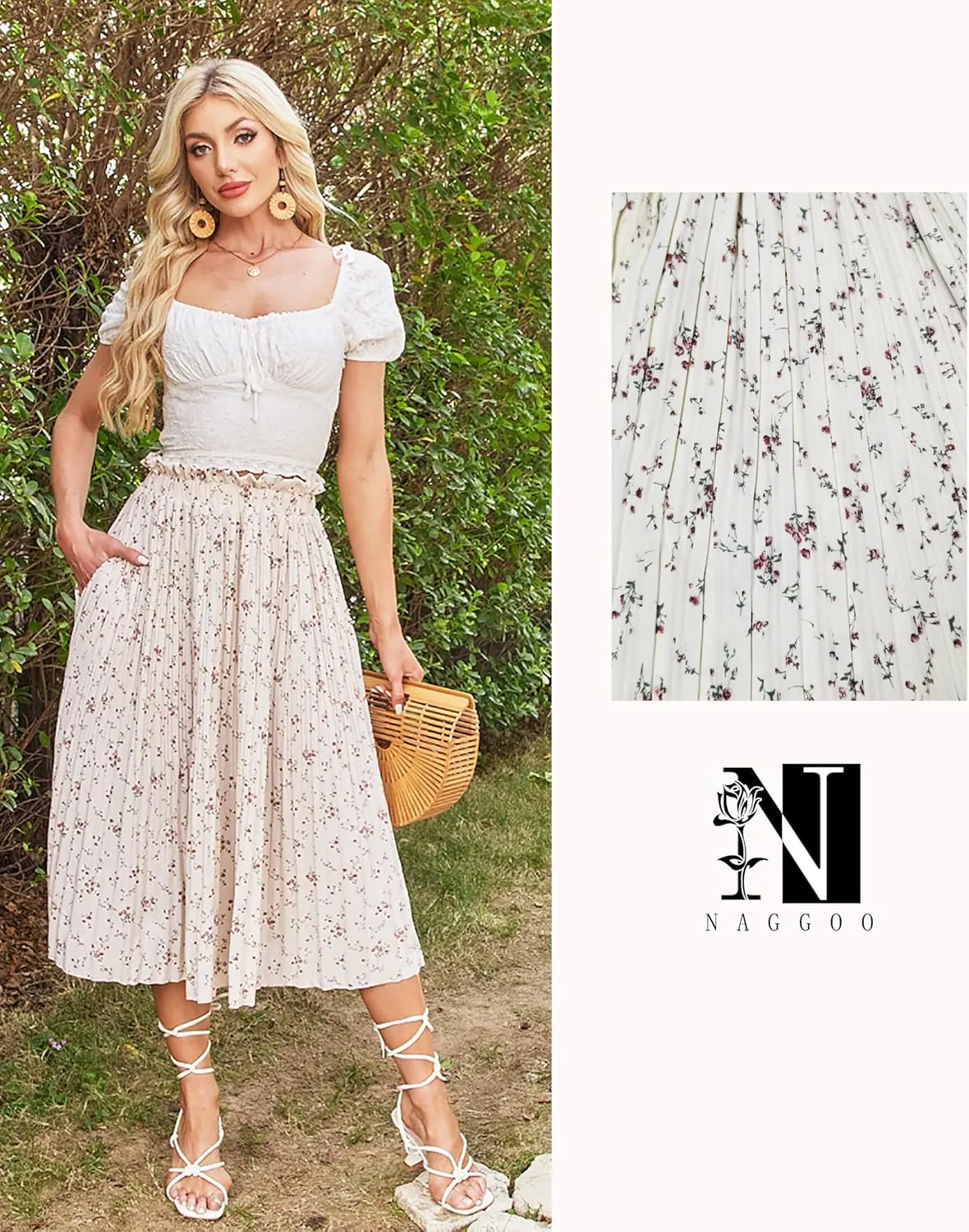 Naggoo Women's Skirts High Elastic Waisted Casual Skirt Pleated Floral/Solid Midi Skirts with Pockets