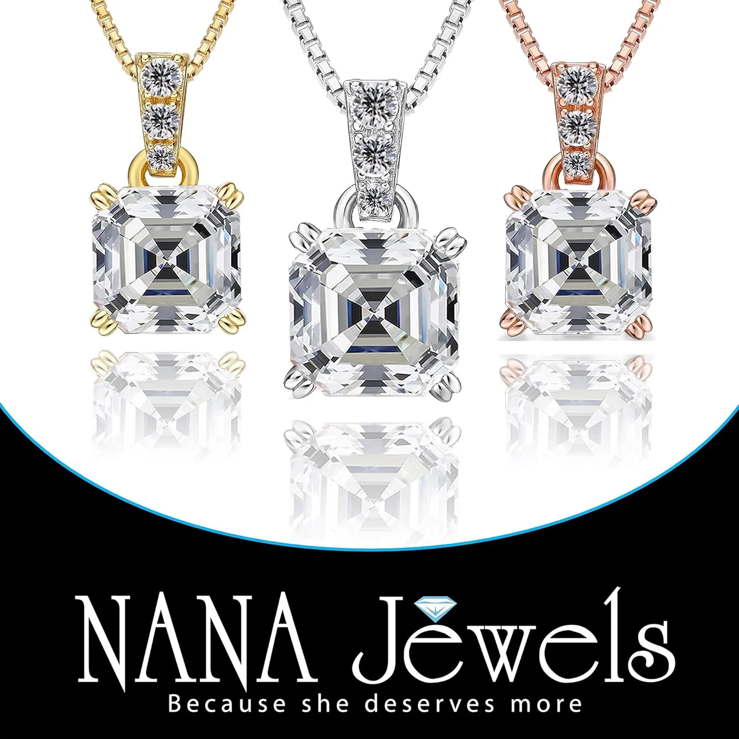 NANA Jewels Asscher Cut CZ Simulated Diamond Solitaire Necklace Sterling Silver