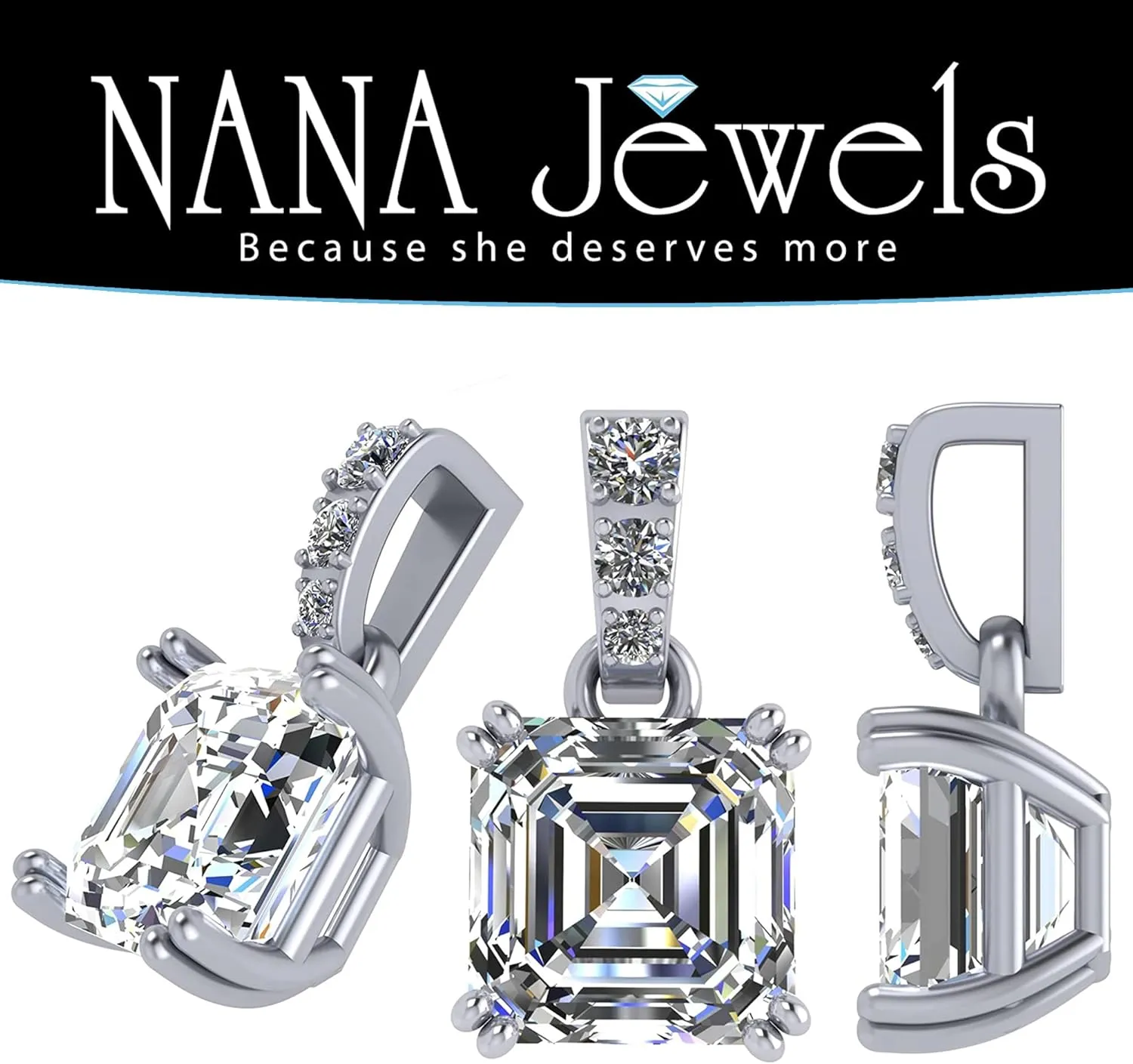 NANA Jewels Asscher Cut CZ Simulated Diamond Solitaire Necklace Sterling Silver