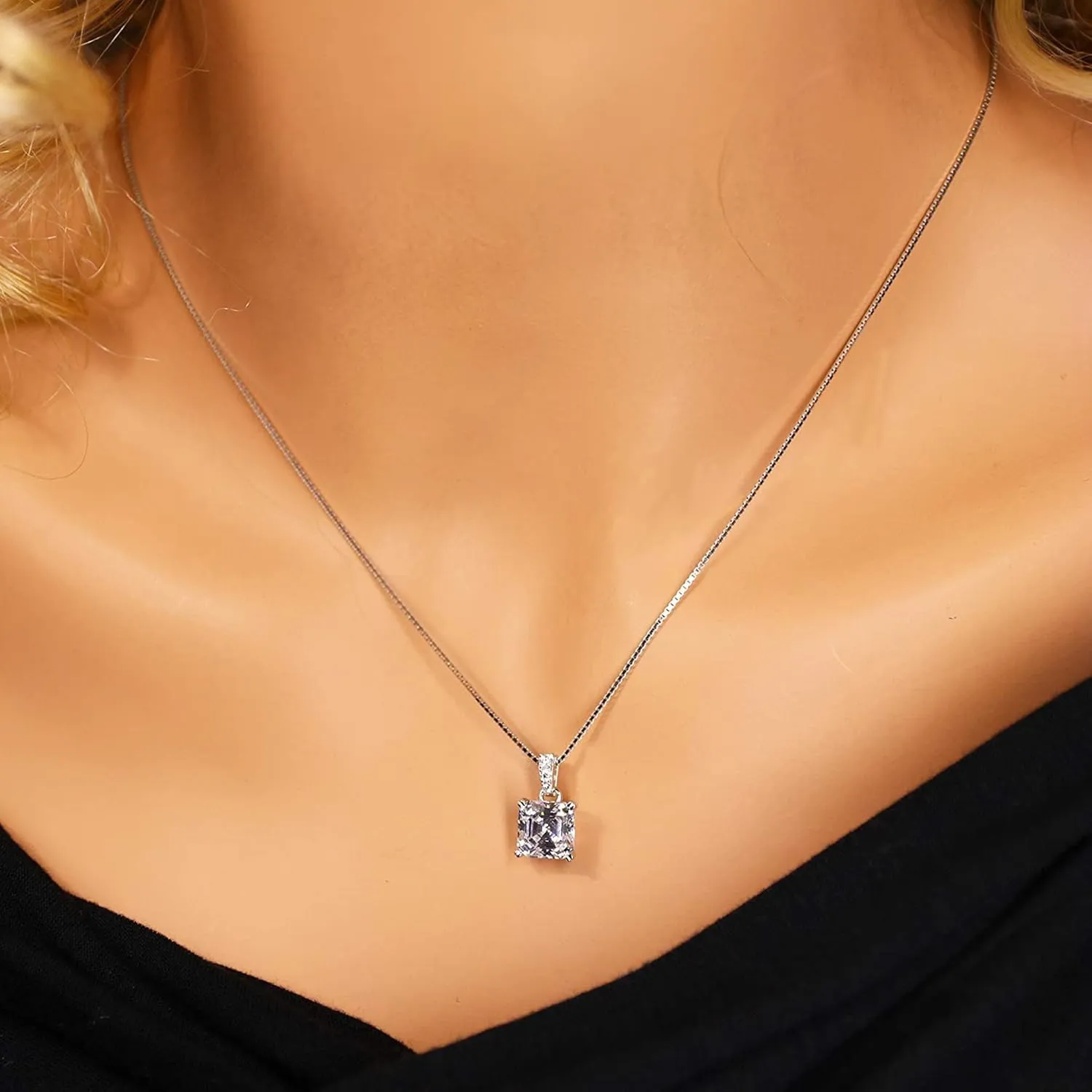 NANA Jewels Asscher Cut CZ Simulated Diamond Solitaire Necklace Sterling Silver