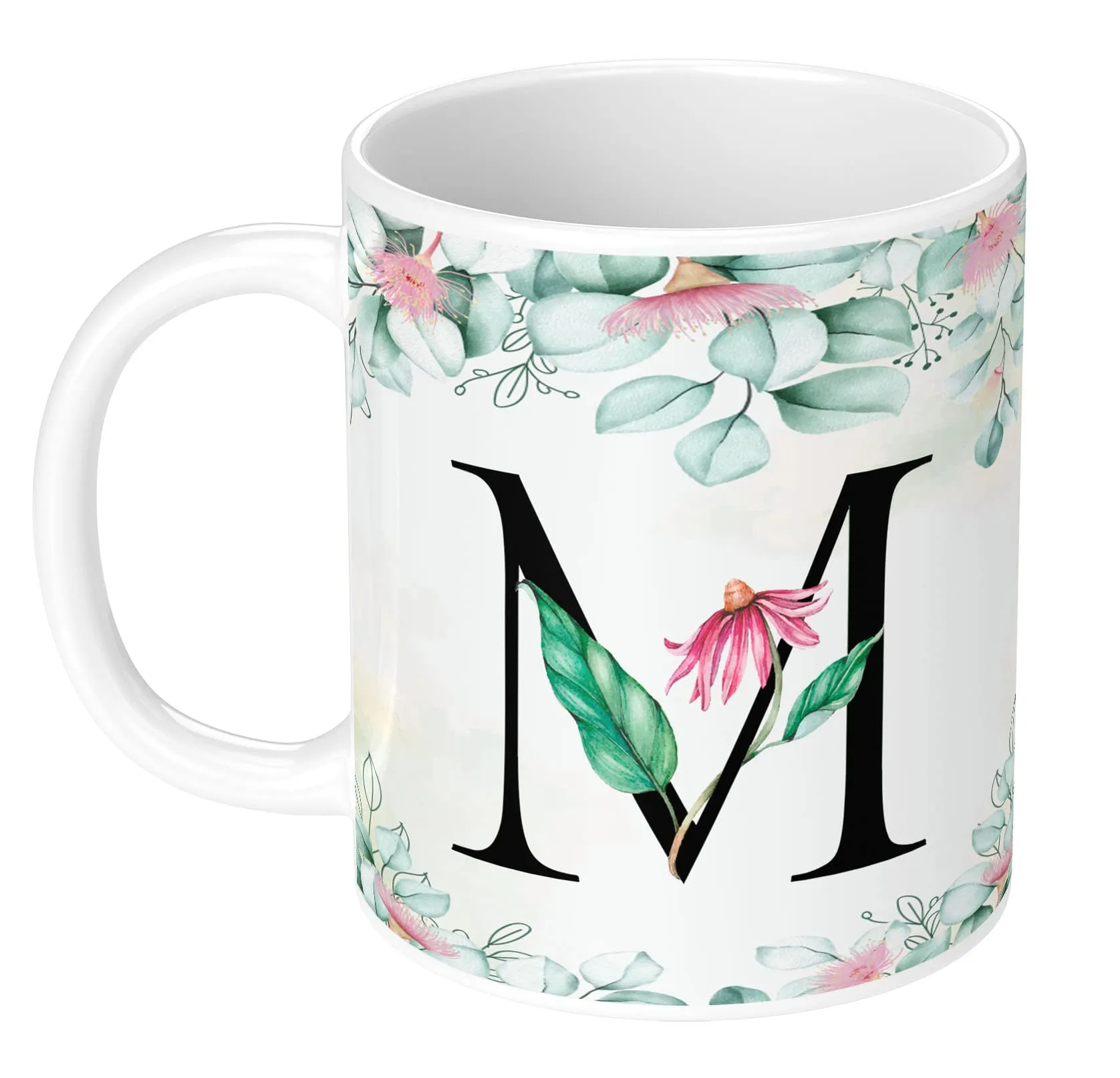 NH10 DESIGNS Colorful Floral Alphabet Letter M Printed Coffee Mug for Girls Boys Friends Love Kids Best Gift for Birthday Anniversary Initial Letter M,350 Millilitre, Ceramic