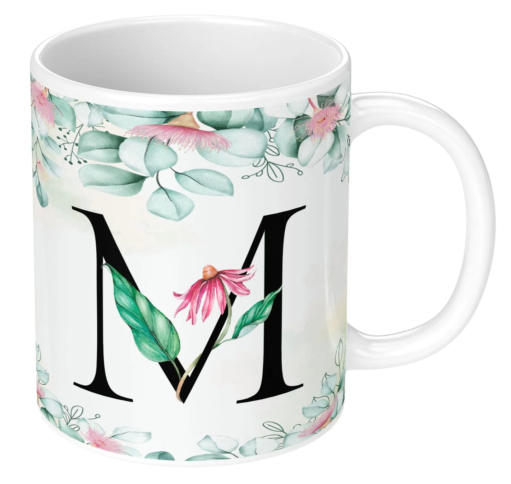 NH10 DESIGNS Colorful Floral Alphabet Letter M Printed Coffee Mug for Girls Boys Friends Love Kids Best Gift for Birthday Anniversary Initial Letter M,350 Millilitre, Ceramic