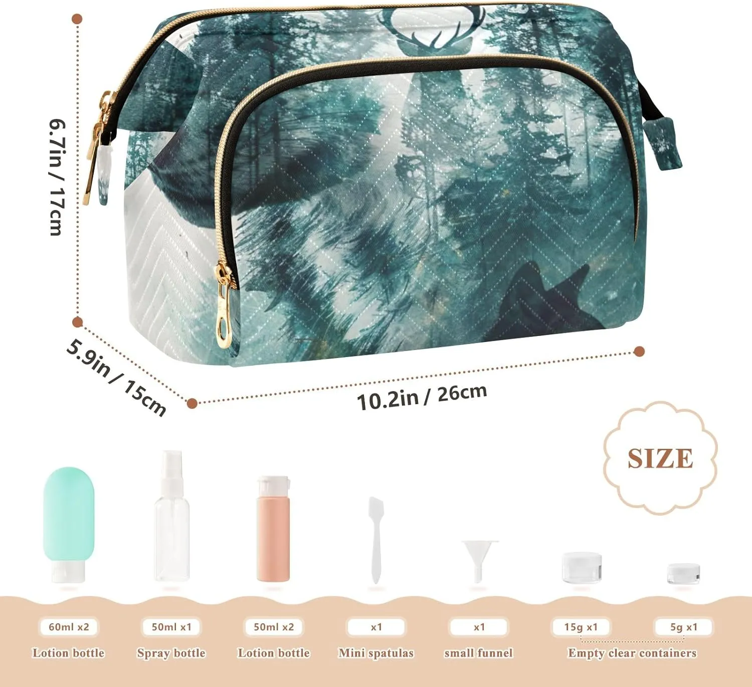 ODAWA Quilted Cosmetic Bag with 9-Piece Accessory Set, Animal Painting030 Travel Cosmetic Organizer Toiletry Bag Makeup Bag Travel Cosmetic Bag Toiletry Bag Organizer Pouch