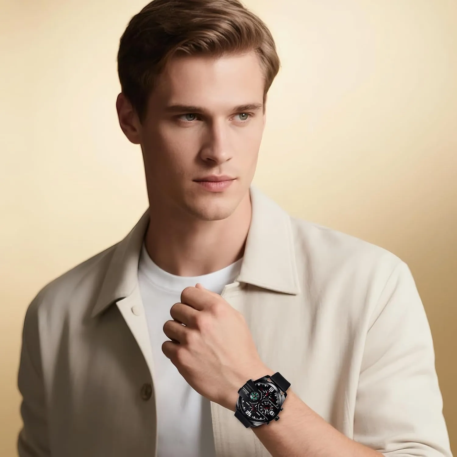 OIDEA Mens Watches: Big Dial 3 Time Display Compass Decoration Analog Quartz Wrist Watches for Men Business Casual Fashion Elegant Dress Watch with PU Leather Strap