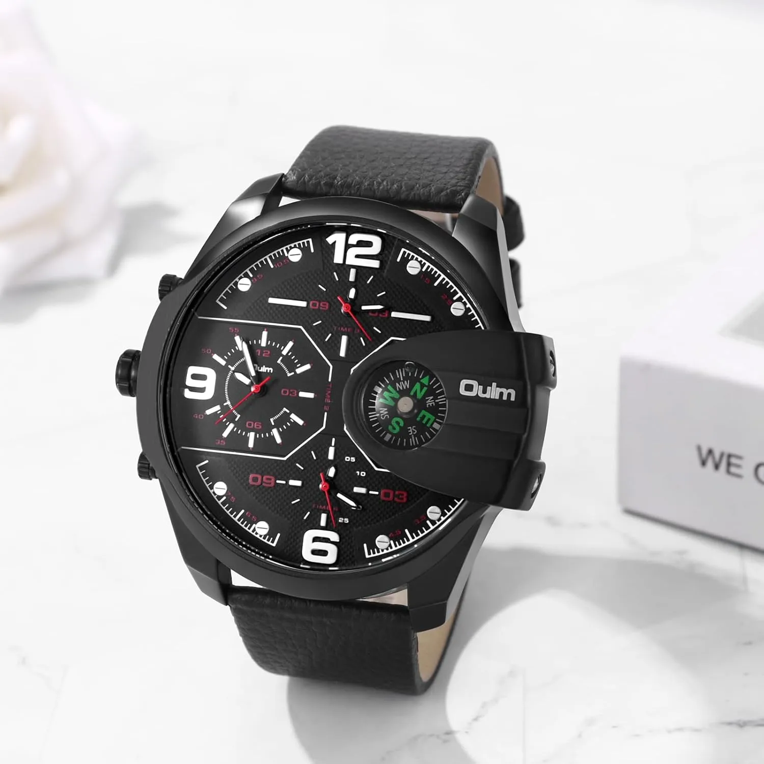OIDEA Mens Watches: Big Dial 3 Time Display Compass Decoration Analog Quartz Wrist Watches for Men Business Casual Fashion Elegant Dress Watch with PU Leather Strap