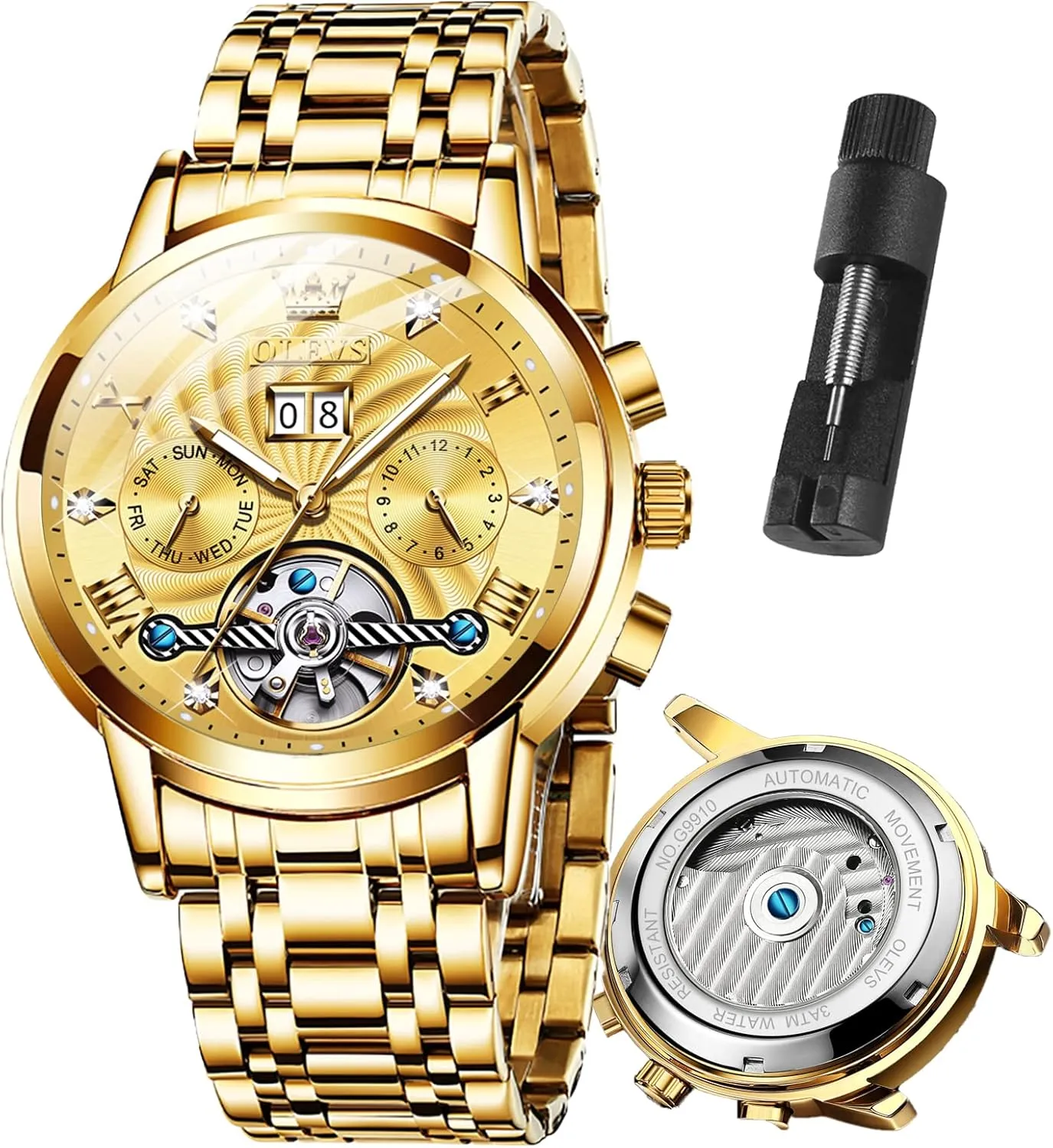 OLEVS Automatic Watch for Men Skeleton Self Winding Mechanical Tourbillon Classic Diamond Dial with Date-Day-Month Stainless Steel Men's Waterproof Luminous Wrist WatchesGreen/Blue/Gold/Black