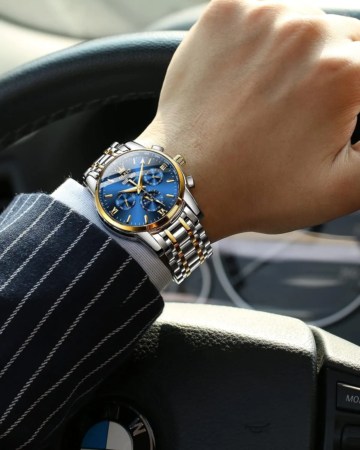 OLEVS Mens Automatic Watches Skeleton Tourbillon Mechanical Self Winding Luxury Dress Wrist Watch Moon Phase Day Date Waterproof Luminous Watch Gifts