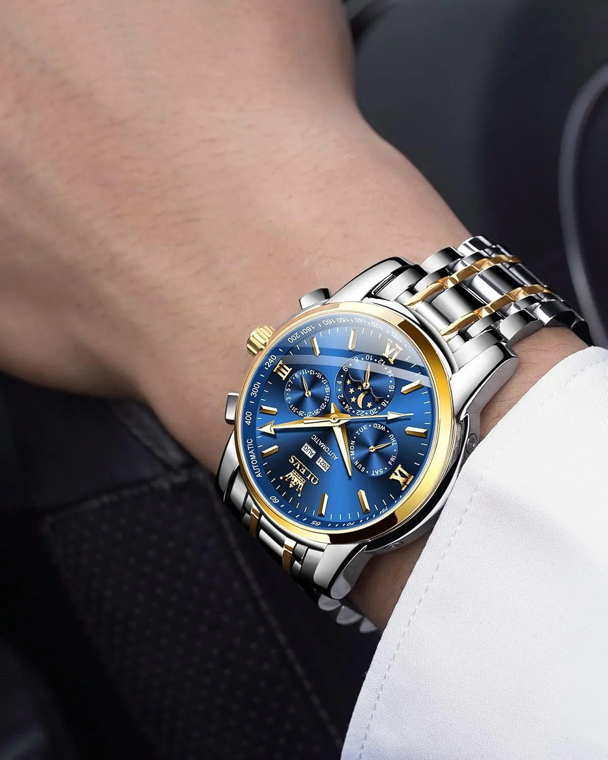 OLEVS Mens Automatic Watches Skeleton Tourbillon Mechanical Self Winding Luxury Dress Wrist Watch Moon Phase Day Date Waterproof Luminous Watch Gifts