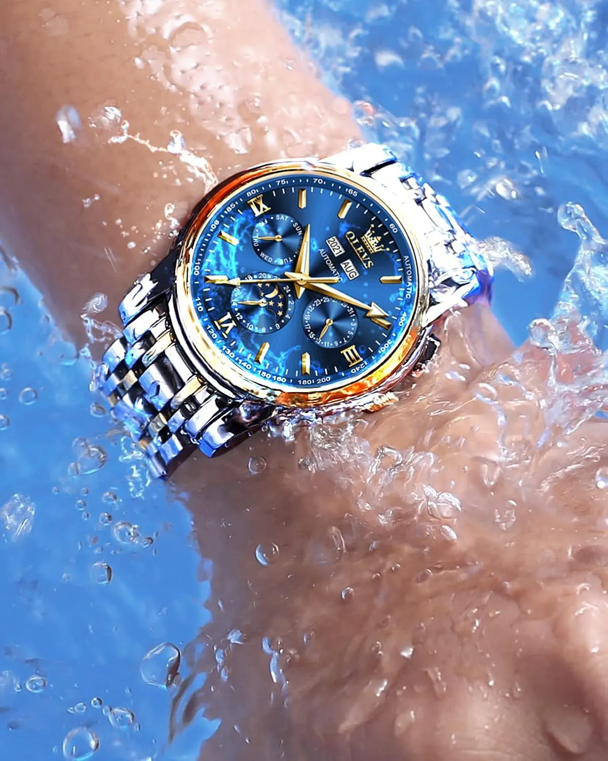 OLEVS Mens Automatic Watches Skeleton Tourbillon Mechanical Self Winding Luxury Dress Wrist Watch Moon Phase Day Date Waterproof Luminous Watch Gifts