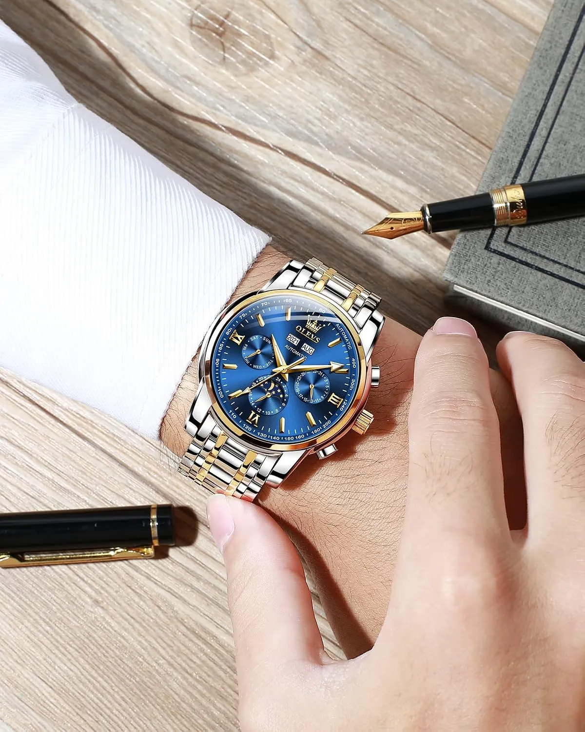 OLEVS Mens Automatic Watches Skeleton Tourbillon Mechanical Self Winding Luxury Dress Wrist Watch Moon Phase Day Date Waterproof Luminous Watch Gifts