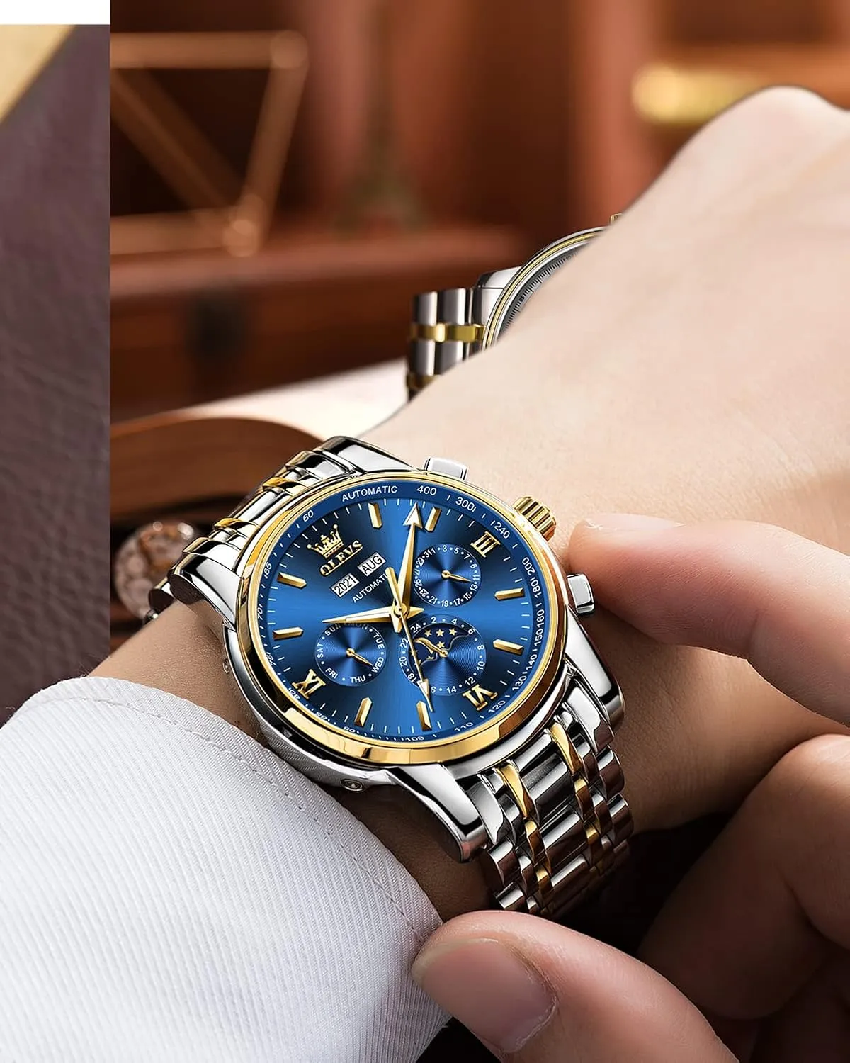 OLEVS Mens Automatic Watches Skeleton Tourbillon Mechanical Self Winding Luxury Dress Wrist Watch Moon Phase Day Date Waterproof Luminous Watch Gifts