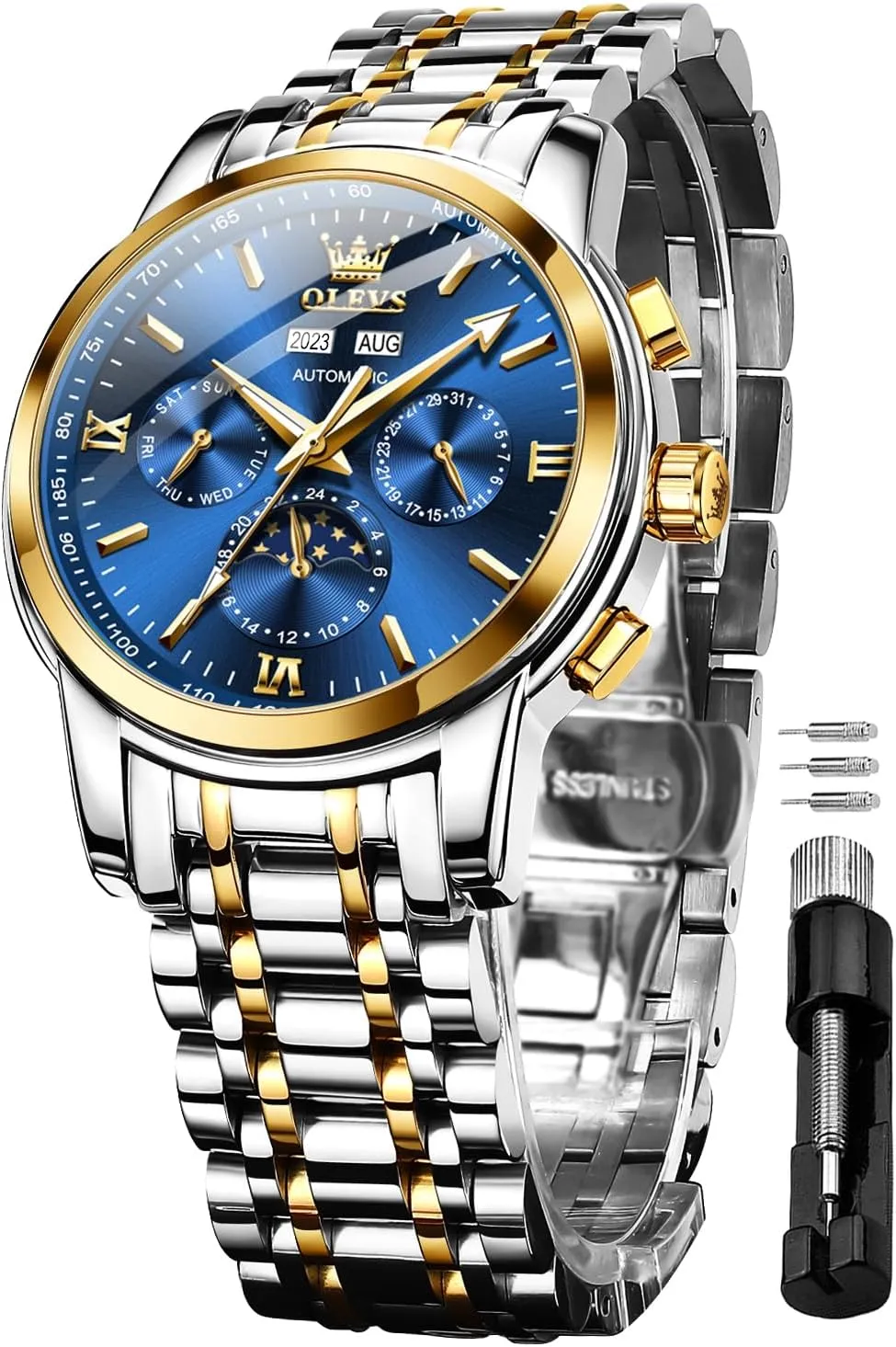 OLEVS Mens Automatic Watches Skeleton Tourbillon Mechanical Self Winding Luxury Dress Wrist Watch Moon Phase Day Date Waterproof Luminous Watch Gifts