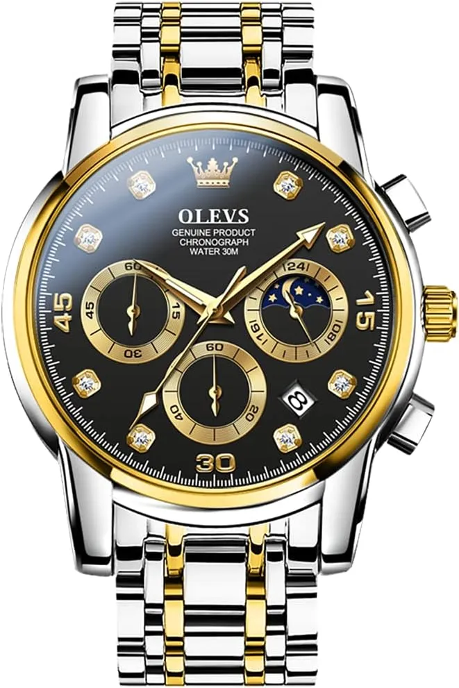 OLEVS Mens Watches Fashion Casual Analog Quartz Watch Waterproof Dress Wrist Watches with Stainless Steel Band Day Window for Men (Gold Black Dial Chronograph Men Watch)