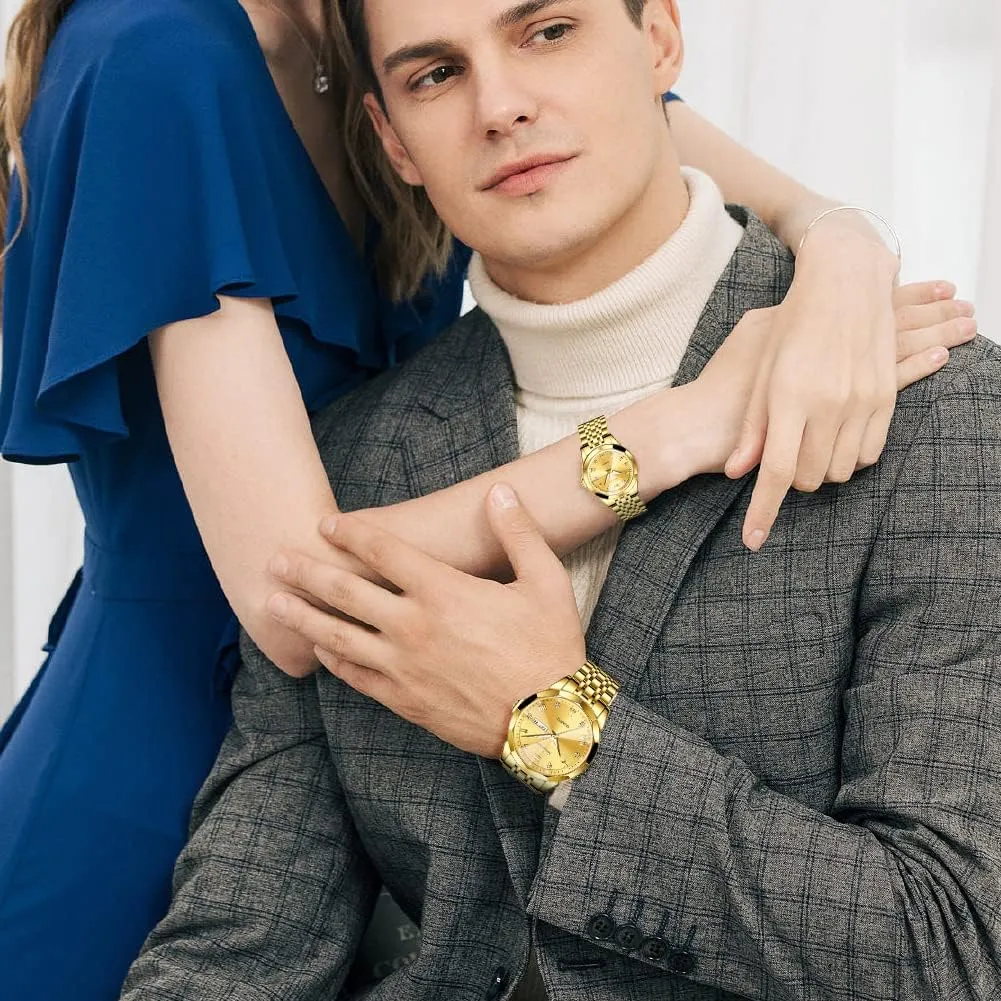 OLEVS Valentines Couple Pair Quartz Watches Luminous Calendar Date Window 3ATM Waterproof, Casual Stainless Steel His and Hers Wristwatch for Men Women Lovers Wedding Romantic Gifts Set of 2