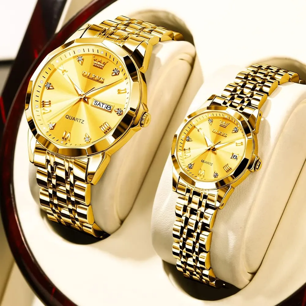 OLEVS Valentines Couple Pair Quartz Watches Luminous Calendar Date Window 3ATM Waterproof, Casual Stainless Steel His and Hers Wristwatch for Men Women Lovers Wedding Romantic Gifts Set of 2